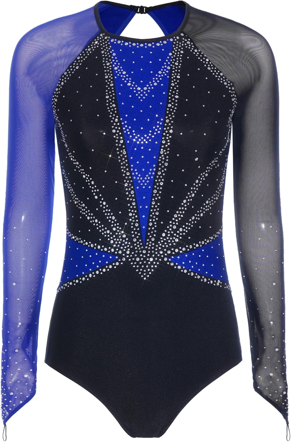 Vxuxlje Women Gymnastics Dance Leotard for Stage Performance | Figure Skating Dance Costume,Sparkly Rhinestone,Color Block,Long Sleeve High Cut Bodysuit,Ballet Modern Contemporary Dance