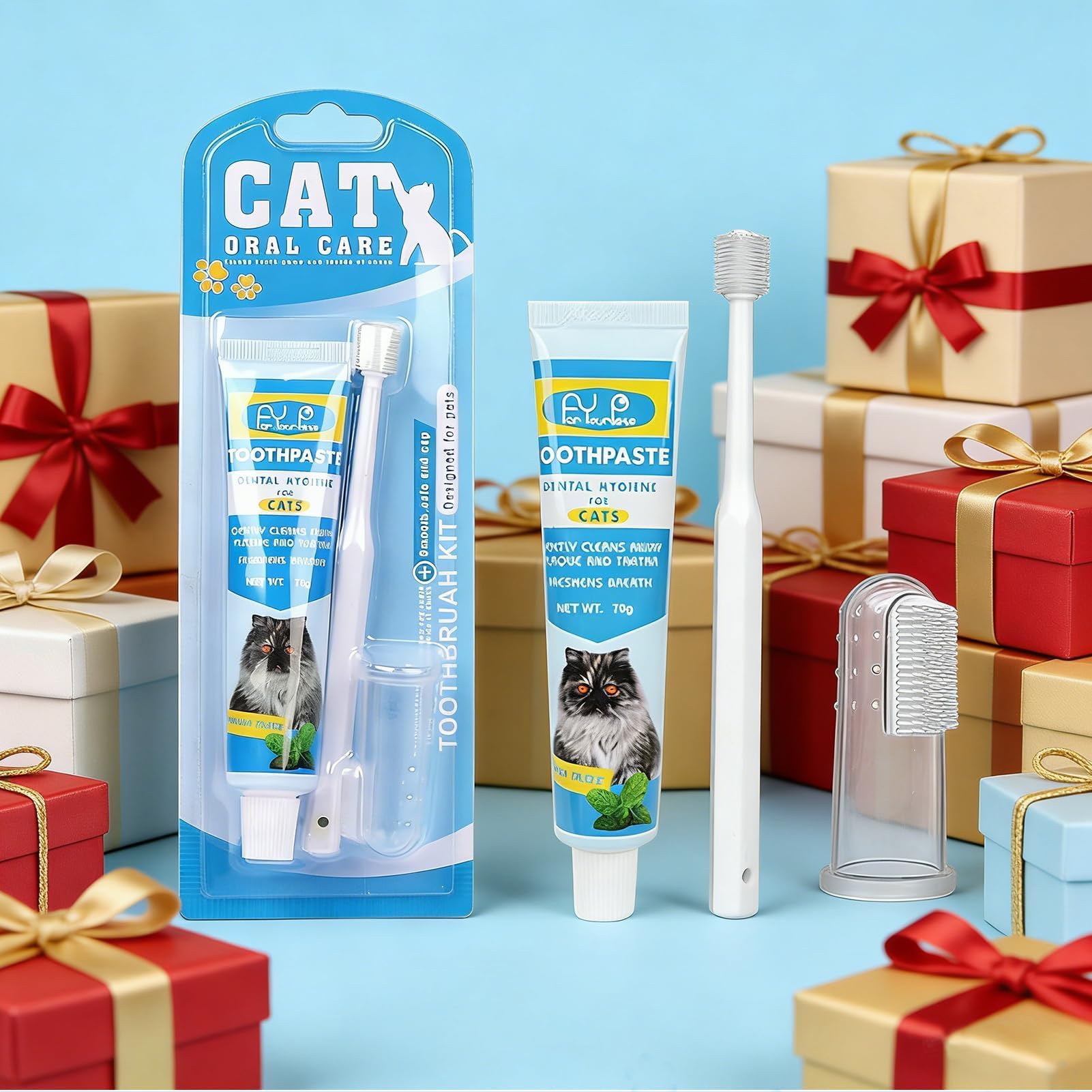 Pasta de dientes para gatos con cepillo de dientes y cepillo de dientes para perros y gatos, elimina la placa y el sarro, aliento fresco y bueno para los dientes