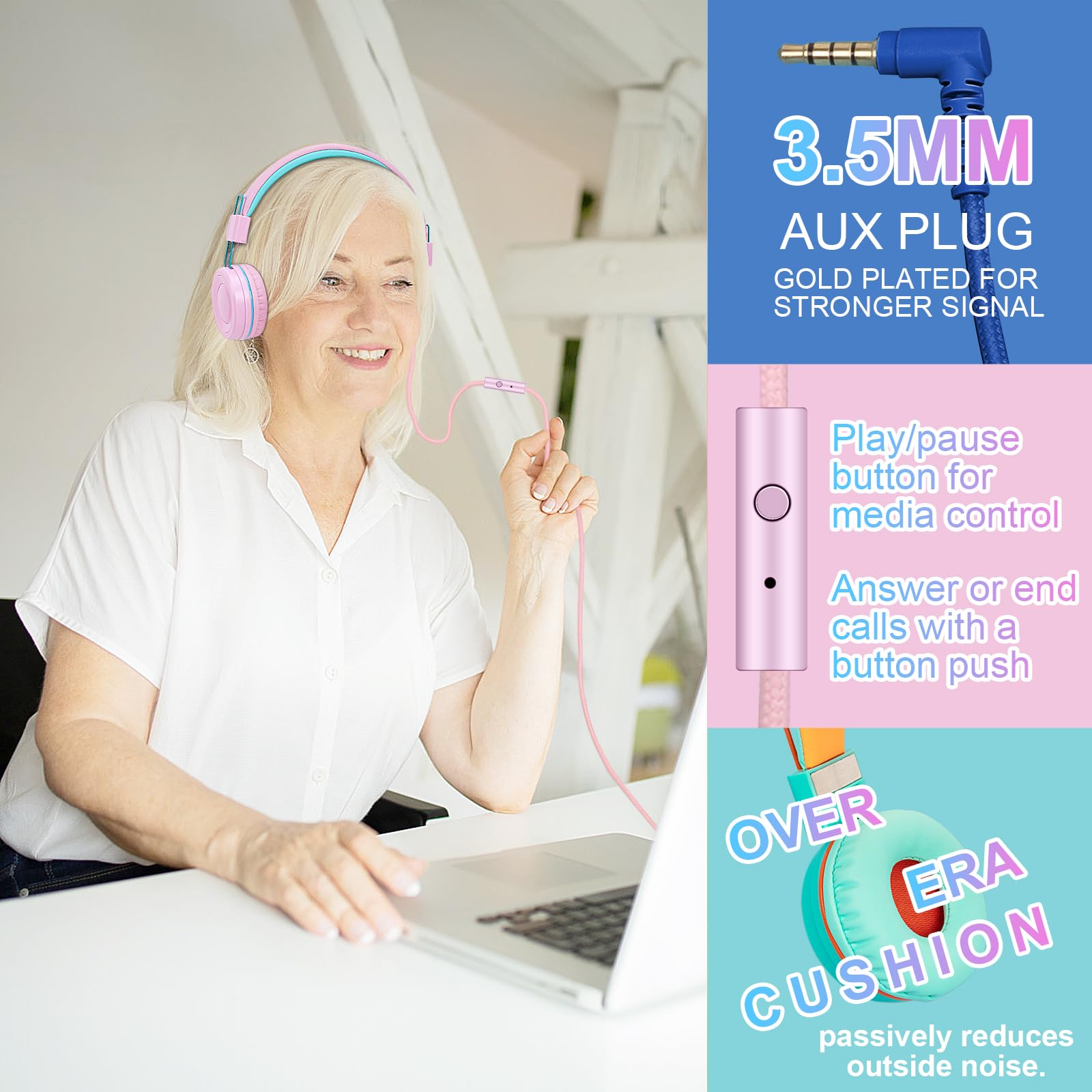 CN-Outlet 10 Pack Classroom Headphones Bulk for K-12 School Kids, Class Set Headphones for Students Teens Library Computer Testing Centers (Mixed Color with Microphone) 3