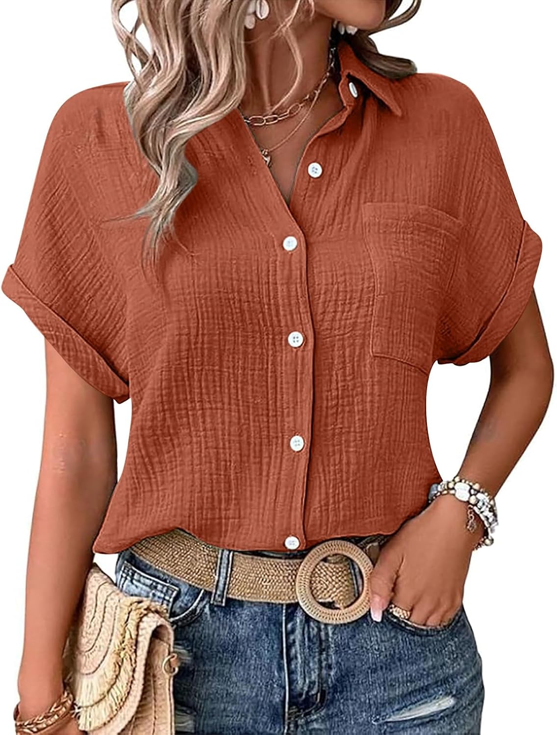 Womens Button Down Linen Shirt Short Batwing Sleeve Cotton Blouse Summer Loose Fit Beach Tops with Patched Pocket