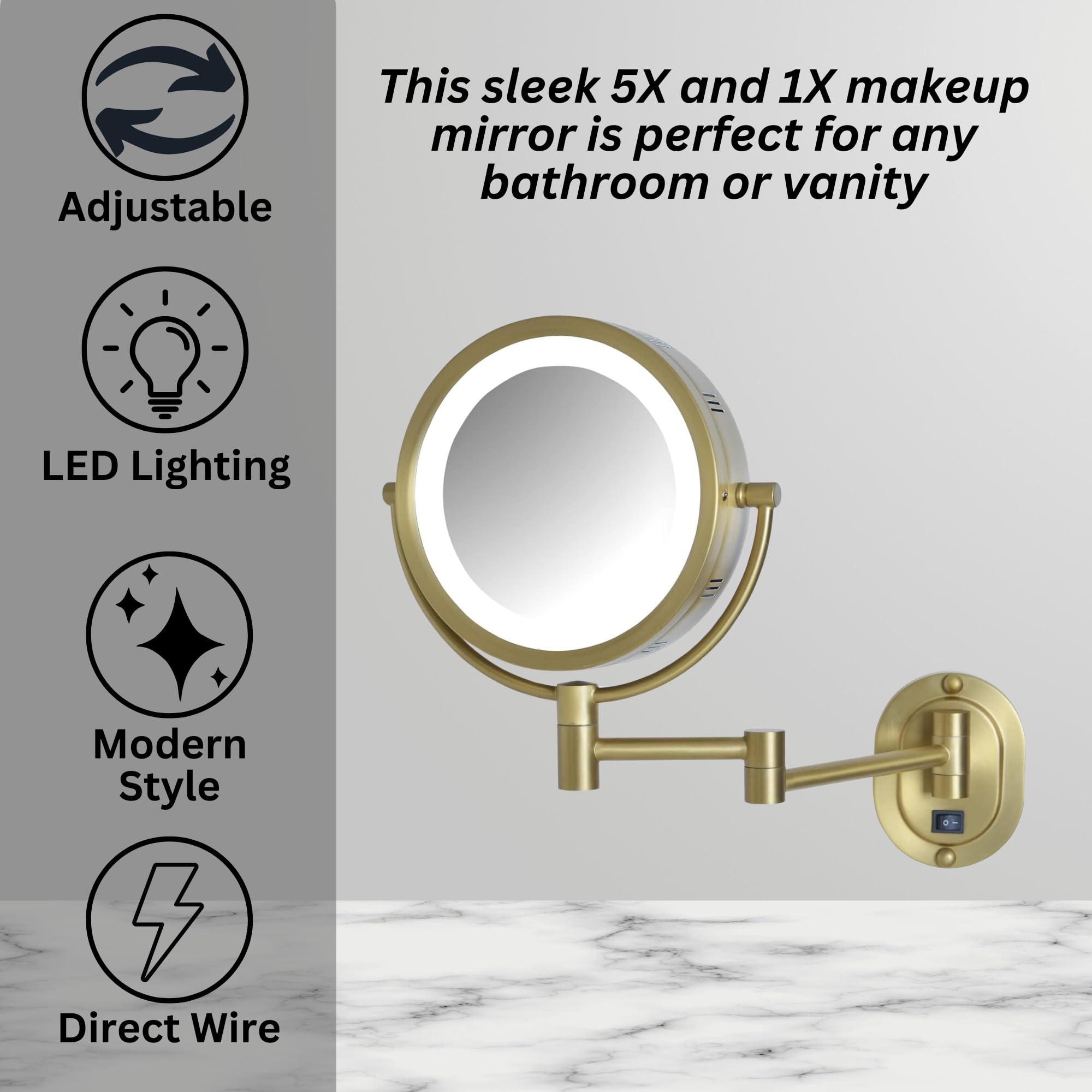GURUN LED Wall Mount Makeup Mirror - 7X Magnification, Extendable Arm, 3 Light Modes, Oil-Rubbed Bronze