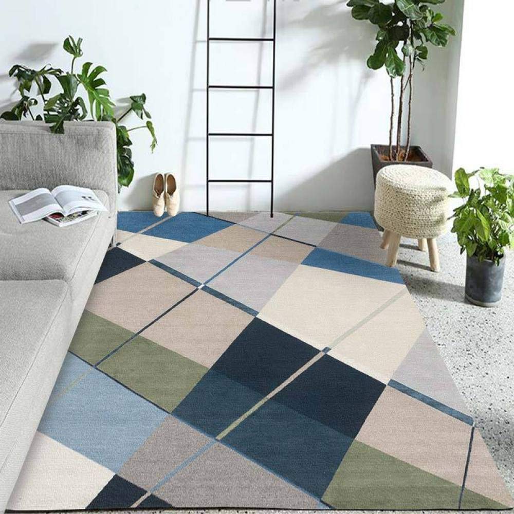 Tapis de salon géométrique bleu et jaune facile à nettoyer pour la famille