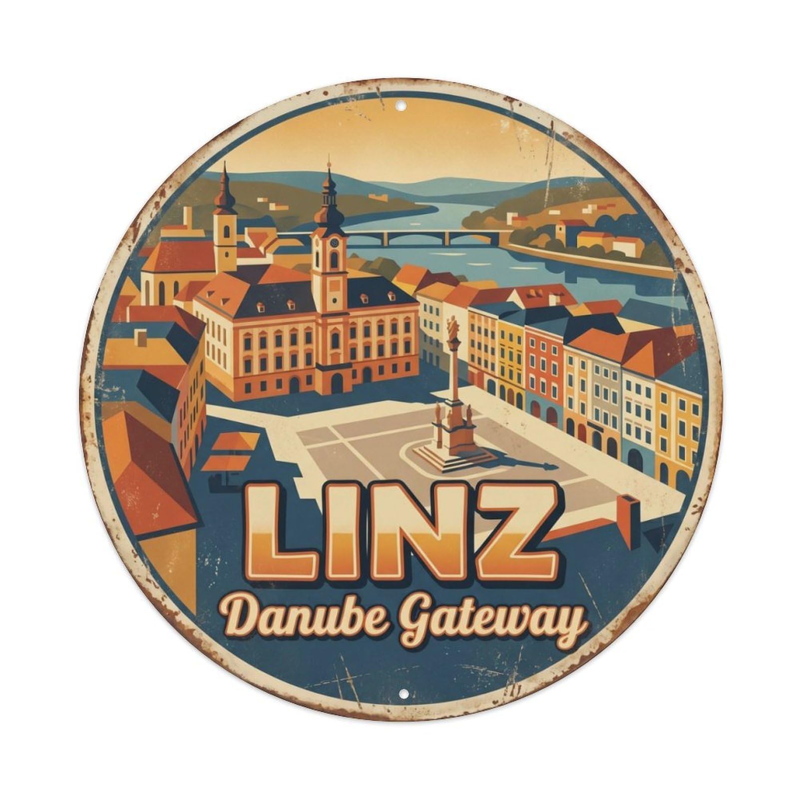 Vintage Travel Linz Oldtown Danube Metal Tin Sign Plaque Wall Decor for Cafe, Club Bar, Office, Home Garden Round Metal Poster 8x8Inch