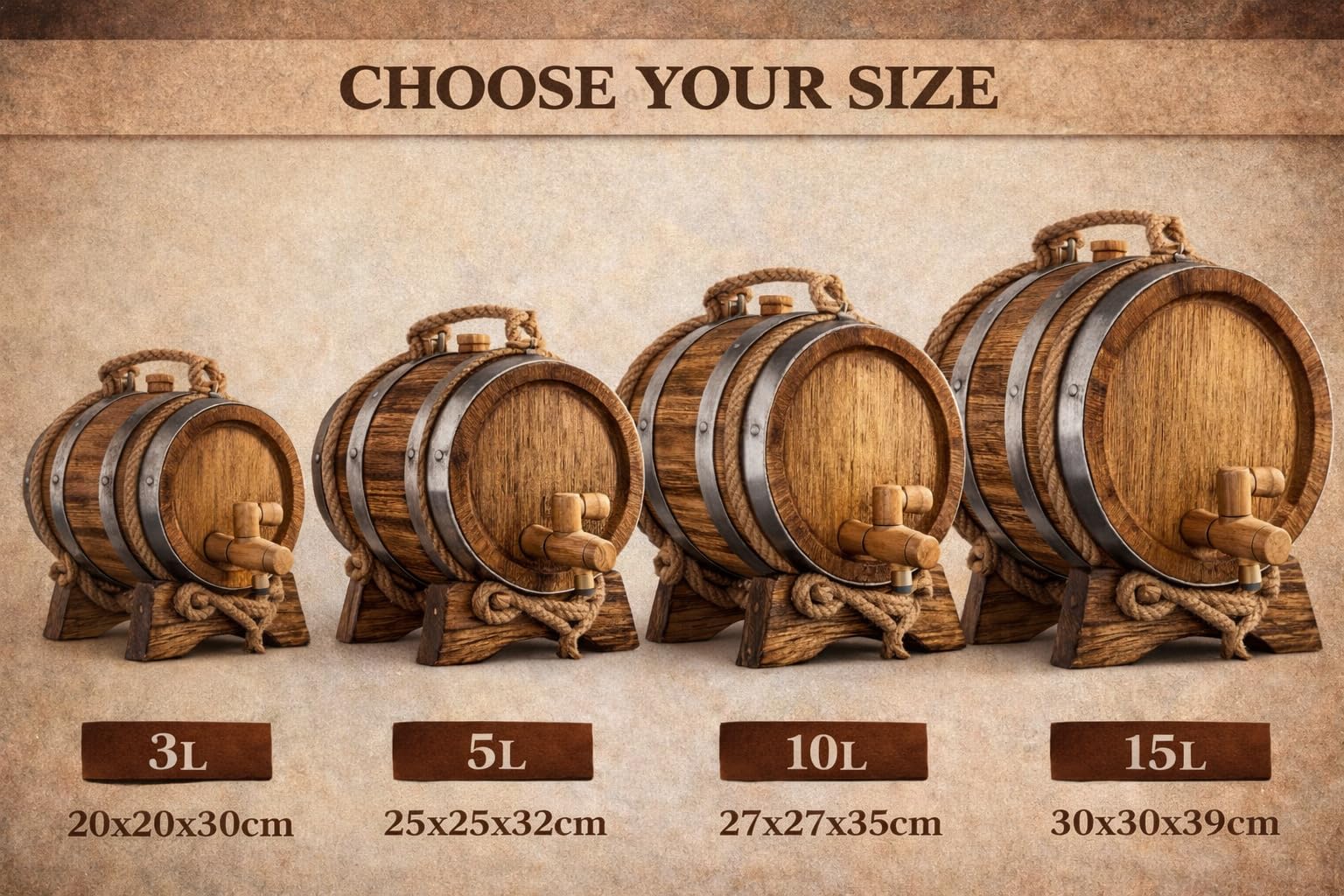 Barril de Roble para Envejecer Vino con Soporte y Grifo – Barrica de Madera Artesanal para Vino, Whisky, Ron o Brandy – Barril Decorativo para Bar o Cocina