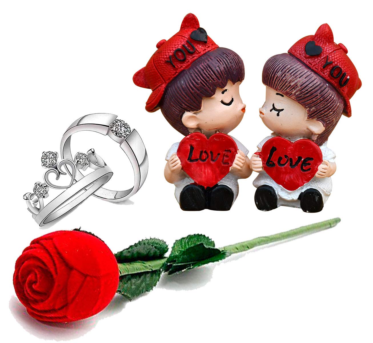Natali Traders Valentine Gift for Girlfriend, Boyfriend - Combo Gift of Red Rose Ring Box with Couple Rings, Kissing Couple Showpiece - Love Gift - Birthday - Anniversary Gift