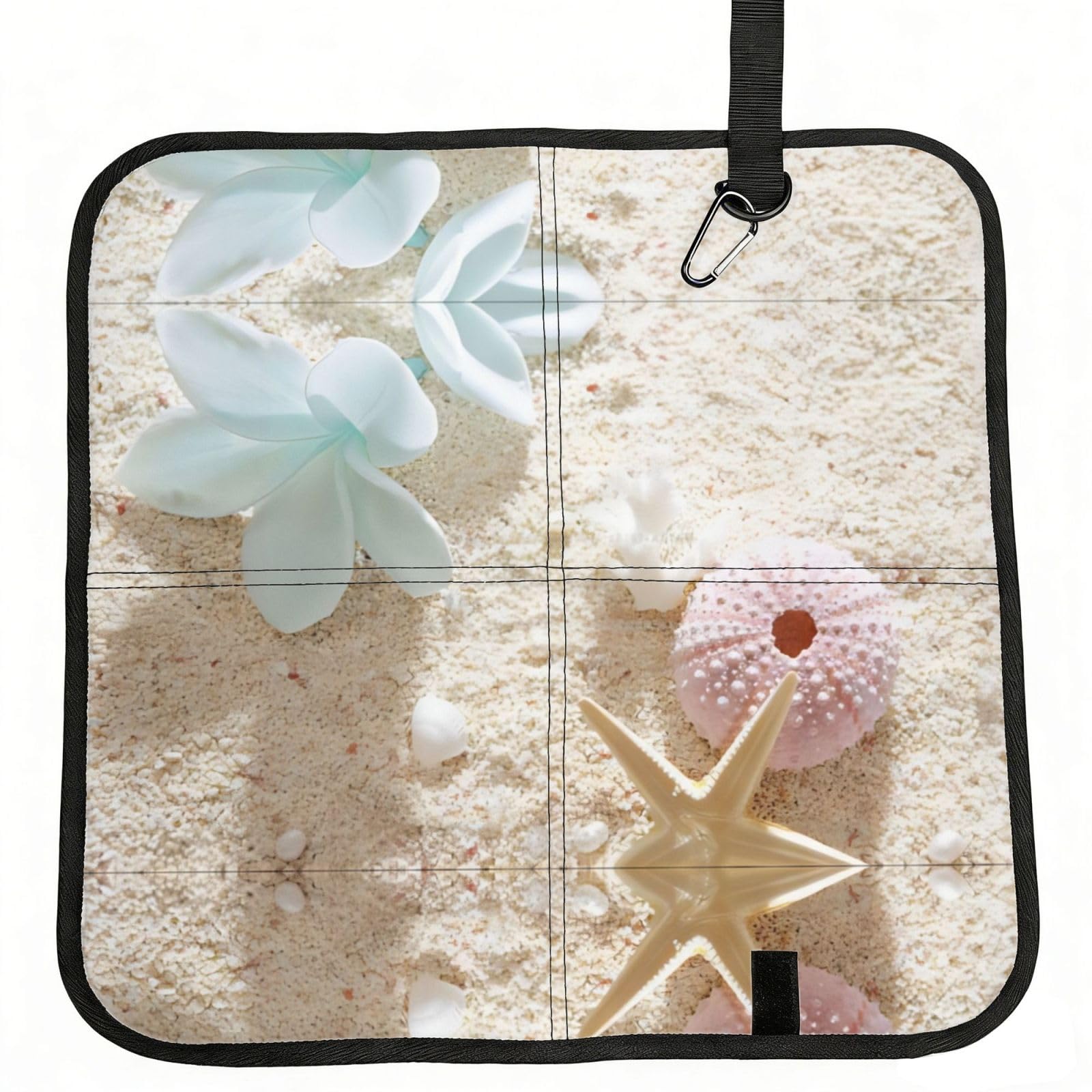 WBQLSL Blue Flower with Starfishes on Beach Foldable Seat Cushion - Portable Stadium Pad with Carabiner for Camping Hiking Picnic Beach