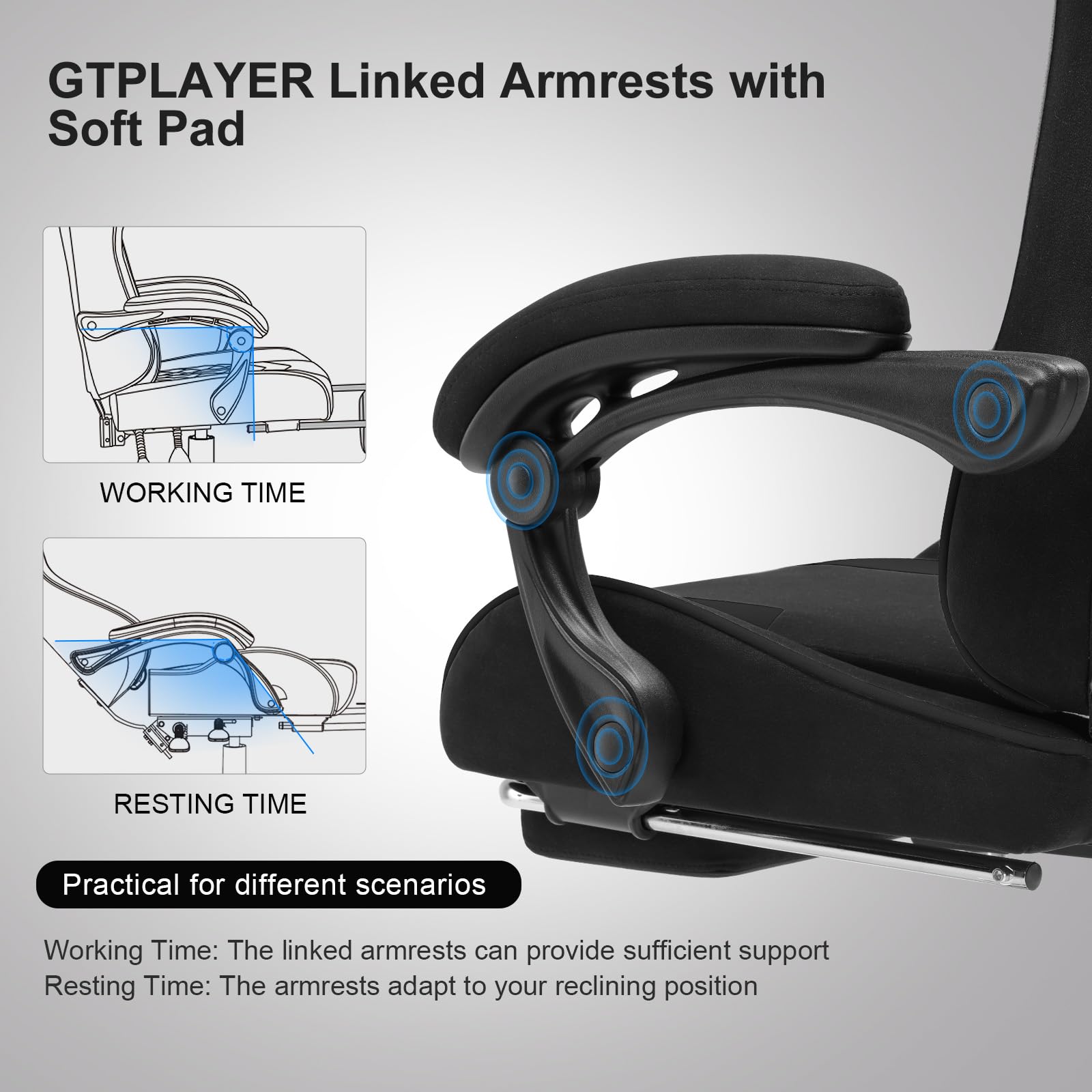 GTPLAYER Sedia da ufficio, da gaming, da gaming, ergonomica, con poggiapiedi, poggiatesta, cuscino lombare, imbottito, sedia girevole in tessuto nero
