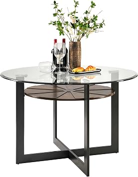 Round 45" Dining Table with 10mm Tempered Glass Top, Circle Dinner Pedestal Table for Dining Room Modern Industrial Kitchen Tables with Wood Brown Shelf and Black Metal Leg Easy Assembly CZ-B2616