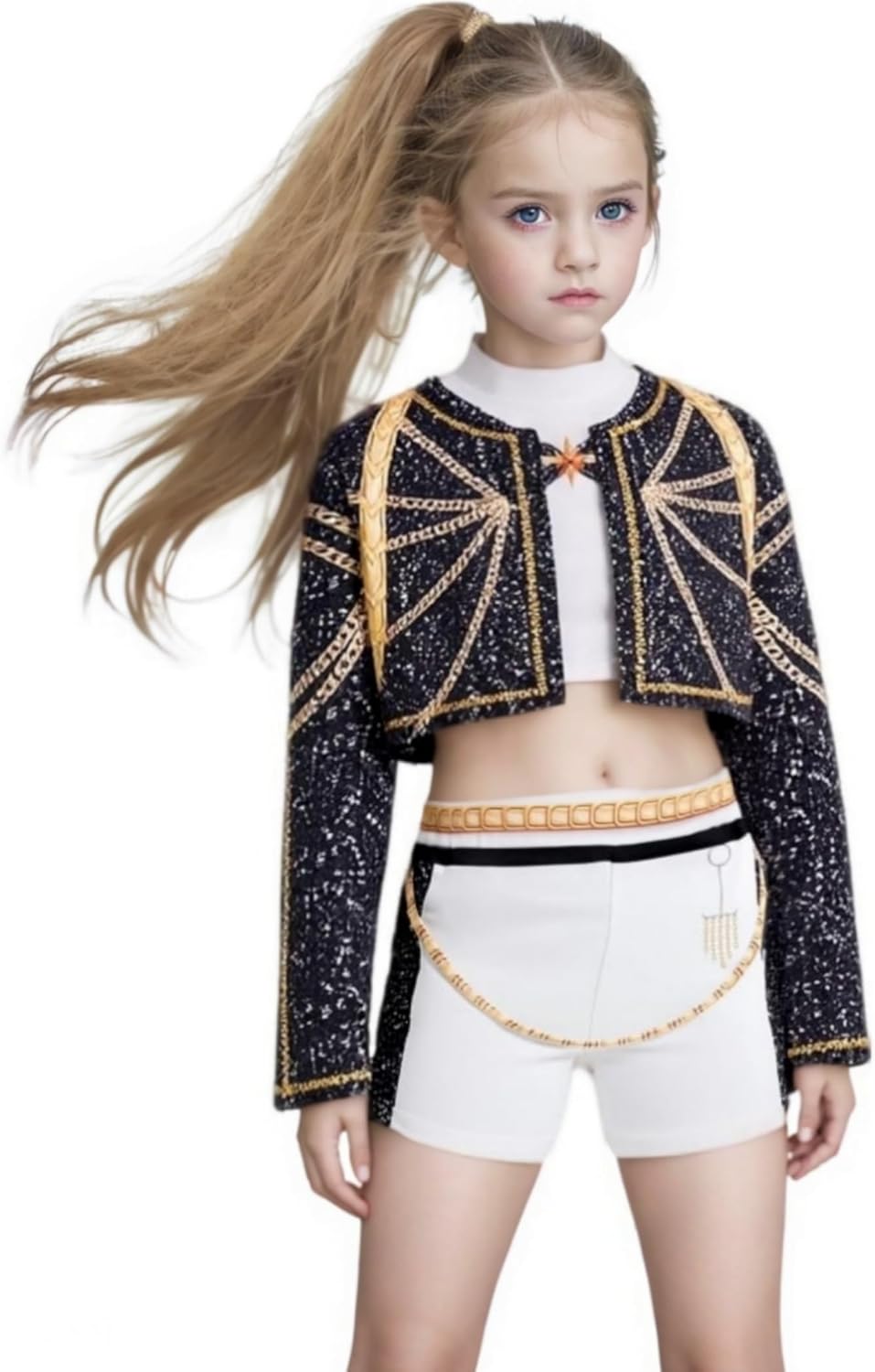 Rumi Golden Costume Kids, Kpop Girls Halloween Cosplay Outfit 3PSC Set Include Jacket T-Shirt Shorts