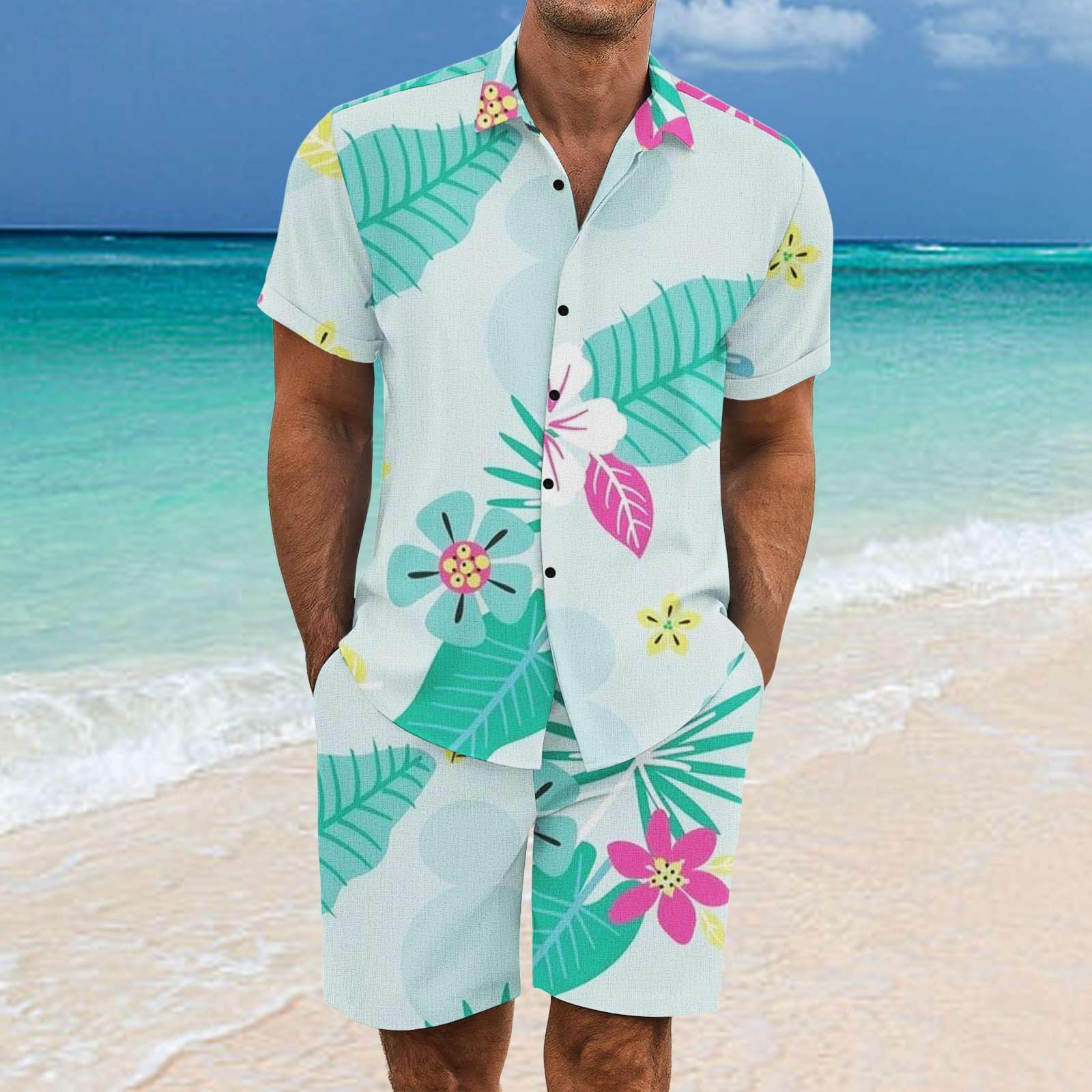 2 Pezzi Uomo Estiva Traspirante in Misto Lino - Completo Stampato e Pantaloncini Tute da Sportivo Completo Leggero Estivo Traspirante Italiana Outift per Vacanza e Tempo