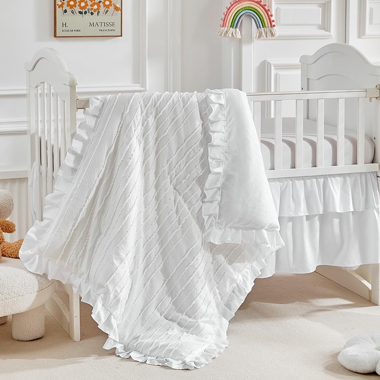Pieces Tufted Stripes Crib Bedding Set with Ruffle Fringe, White Ruffled  Comforter with Fitted Sheet and Bed Skirt, Soft and Embroidery Shabby Chic