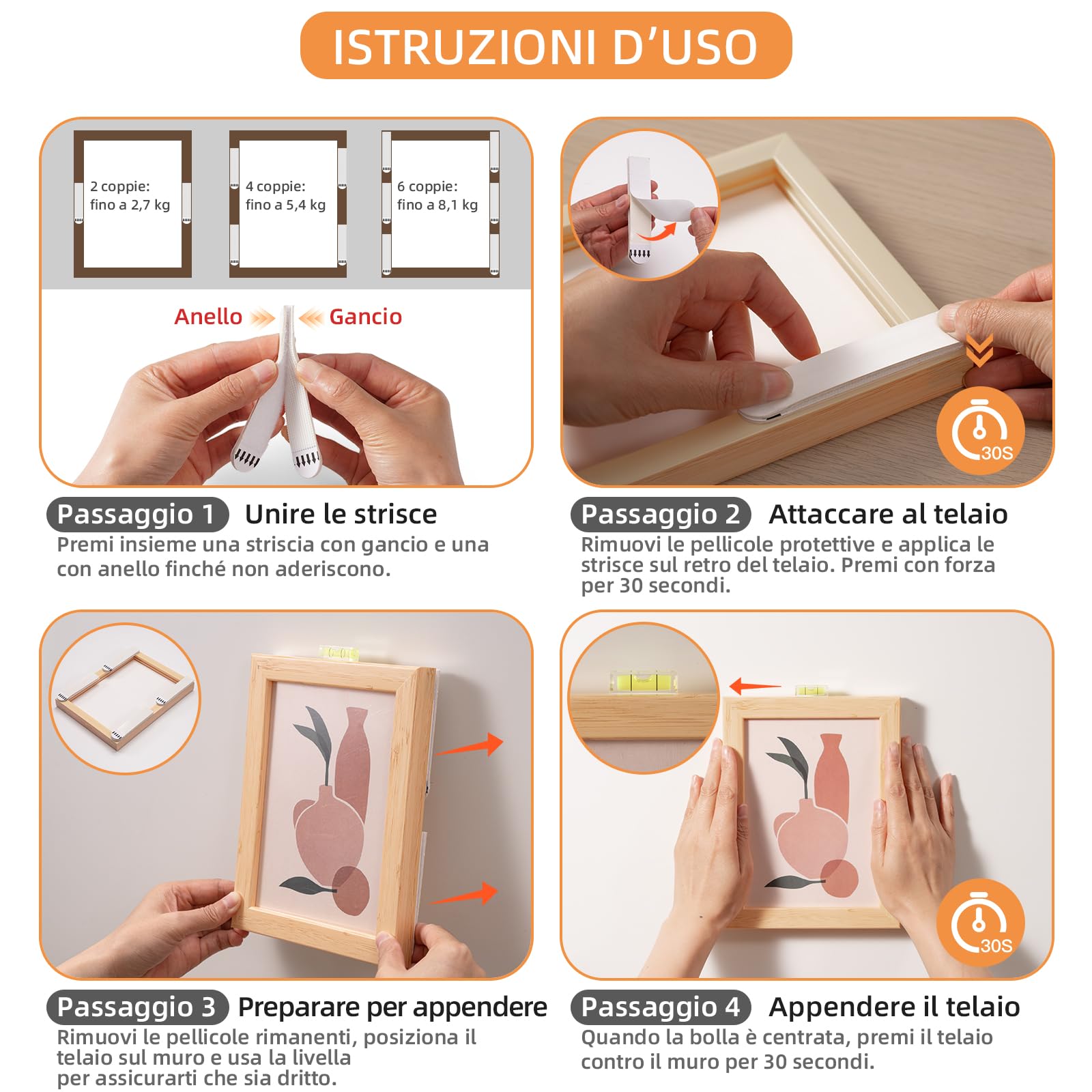 Trilancer Strisce Adesive per Appendere Quadri 20 Coppie, Forte Tenuta, Senza Chiodi né Attrezzi Senza Danni al Muro, Rimovibili, con Livella, per Cornici, Decorazioni, Poster e Superfici Lisce