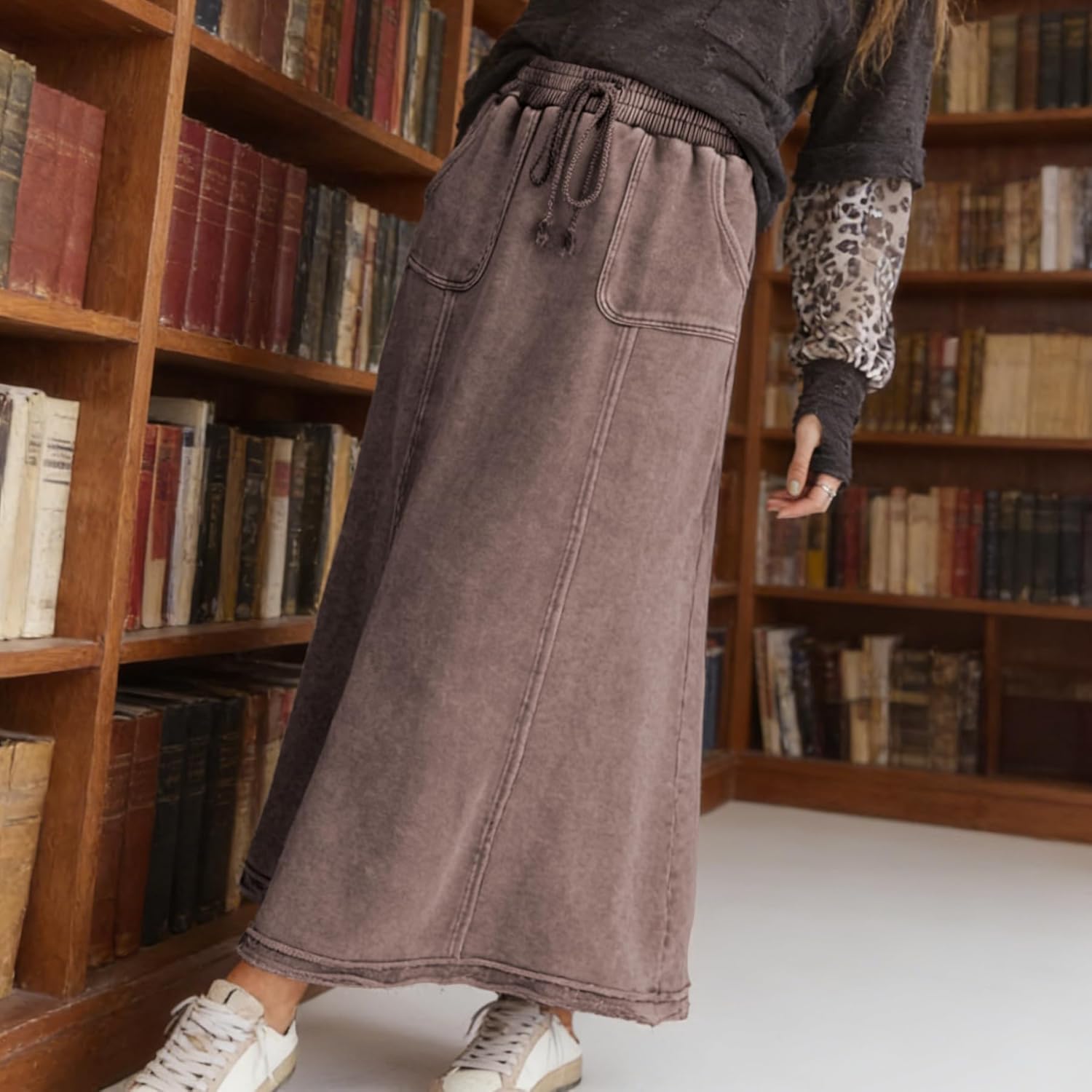 Ainangua Womens High Waist Maxi Skirt Acid Wash Casual Flowy Elastic A Line Travel Boho Long Skirt with Pockets