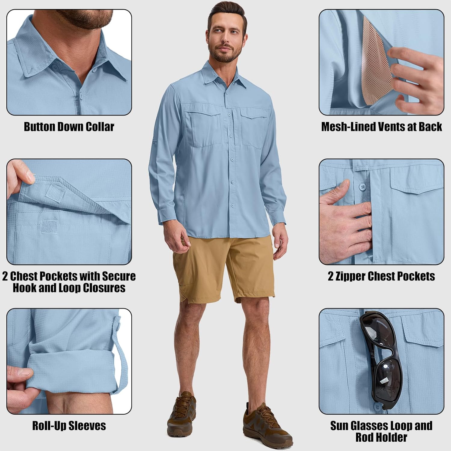 mixtiq Men's Sun Protection Safari Shirts Long Sleeve UPF 50 UV Quick Dry Travel Hiking Fishing Shirts with Zipper - Image 4