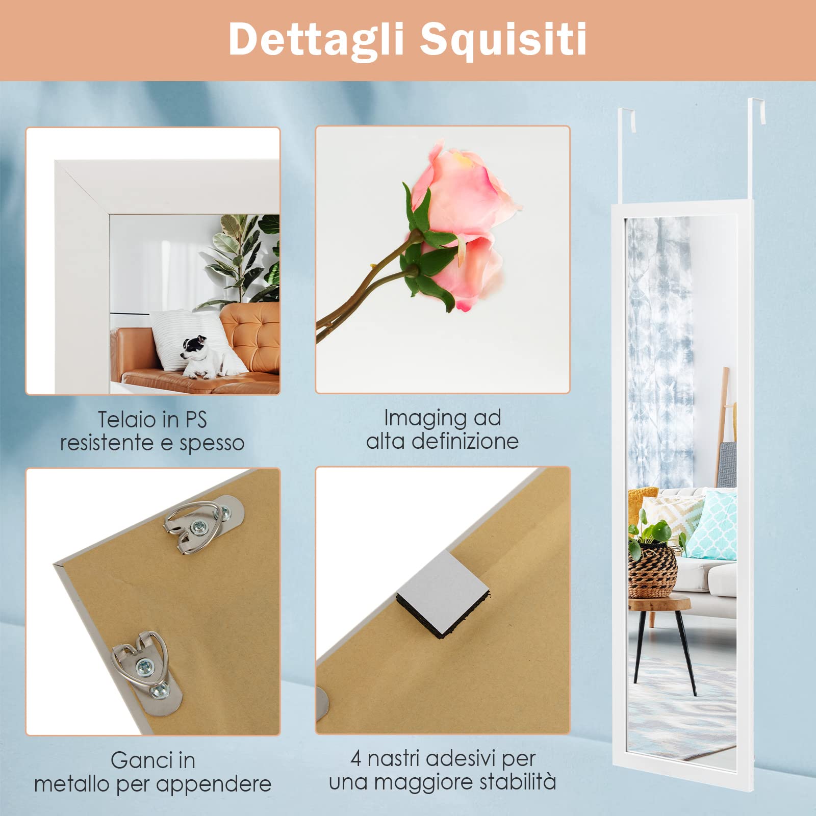 RELAX4LIFE Specchio da Parete a Figura Intera 119 x 33cm, Specchio Rettangolare, da Appendere Sopra la Porta, Specchio Moderno per Camera da Letto, Spogliatoio e Ingresso (Bianco)