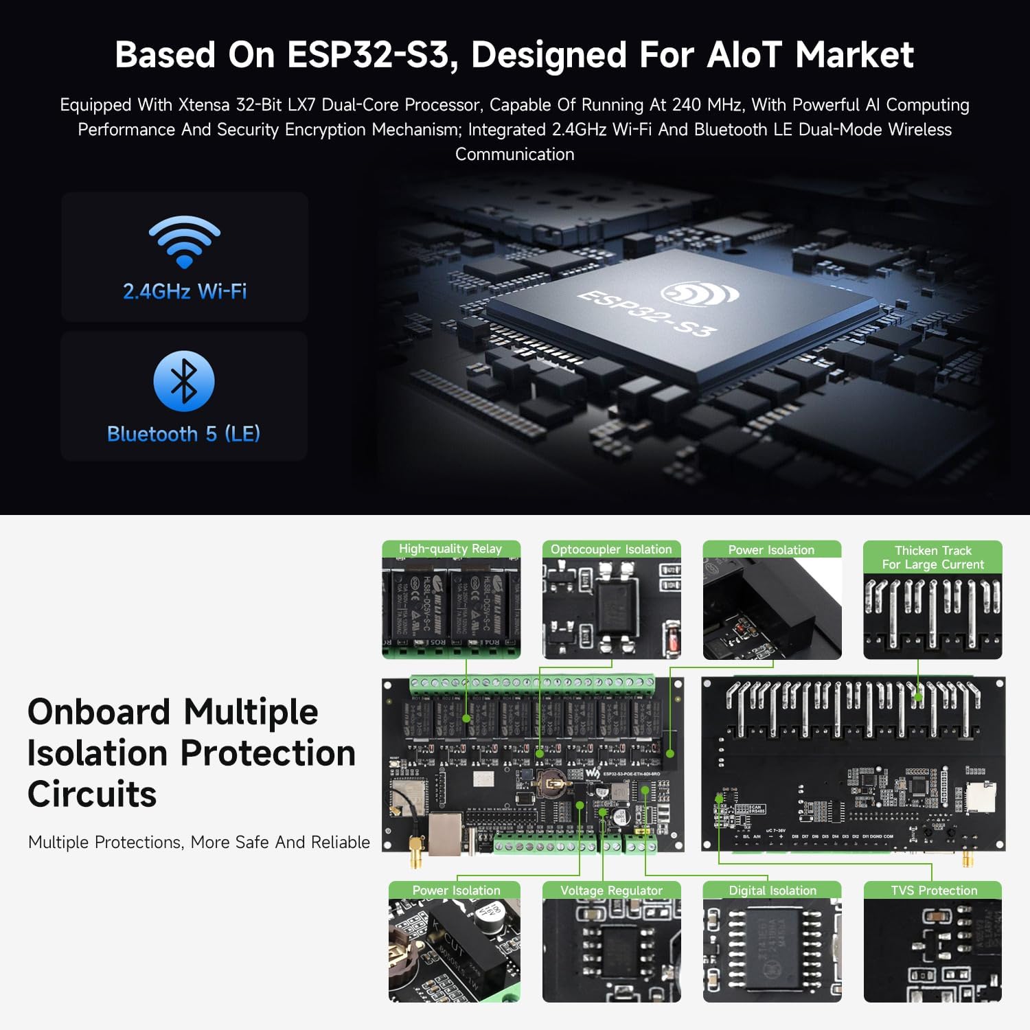 Waveshare Industrial 8-Channel ESP32-S3 WiFi Relay Module, Onboard Isolated CAN Interface, Built-in Xtensa 32-bit LX7 Dual-core Processor, Up to 240MHz, with Multiple Isolation Protection Circuits