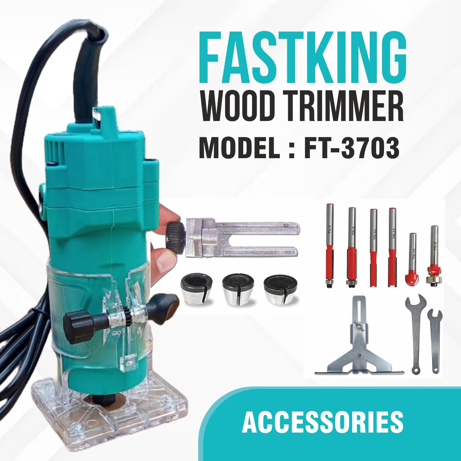 KRISHAK TOOLS Fastking Wood Trimmer/Router With 6-Pieces Different Shaped 6.35MM Router Bit Set 6MM 6.35MM and 8MM Collets 3M long Cord (Subject To Availability Colour (Blue/Cyan) 2