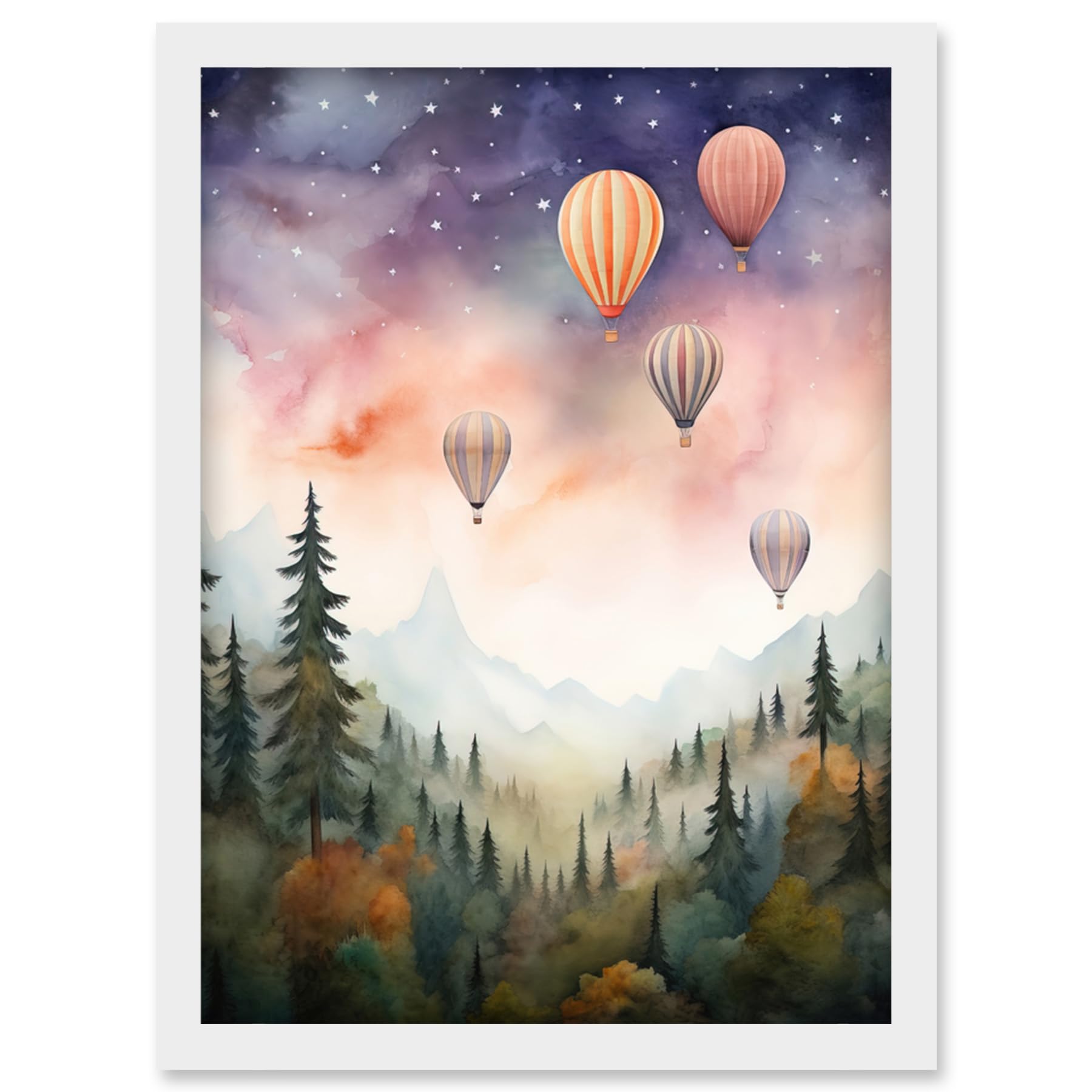 Artery8 Hot Air Balloons Over Misty Forest Landscape Watercolour Painting Orange Green Purple Dreamy Dusk Sky Stars Kids Bedroom Artwork Framed Wall Art Print A4