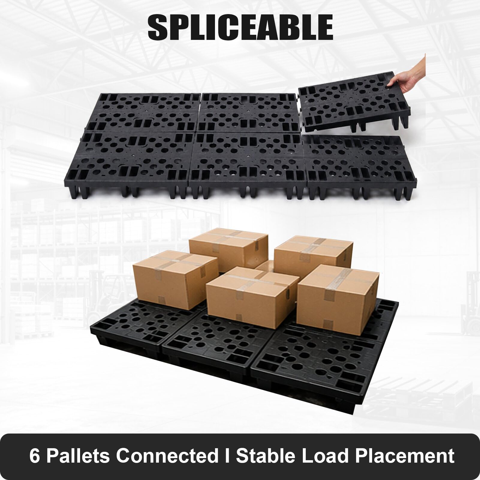 Bancali Neri in Plastica 50x30x10 cm, 6 Pezzi Incastro | Pedana per Stoccaggio Impermeabile, Pallet in Plastica per Magazzino, Supermercato, Garage, Cucina e Negozio