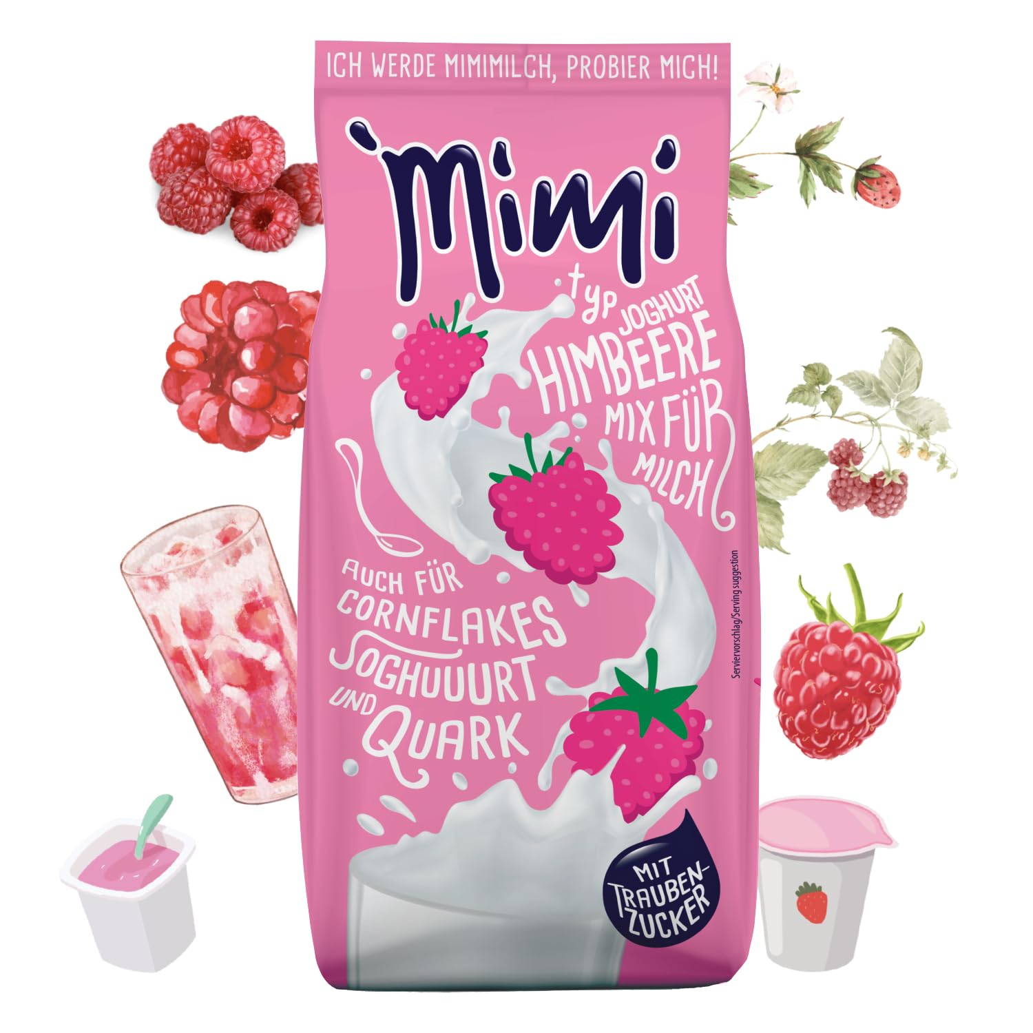 Mimi Milk Mix Yogur Frambuesa Bebida Polvo 24 x 400 g - Pack de Almacenamiento - Polvo de bebida soluble en leche con sabor a fresa - Soluble en frío y caliente - Ideal para ocio, oficina, familia