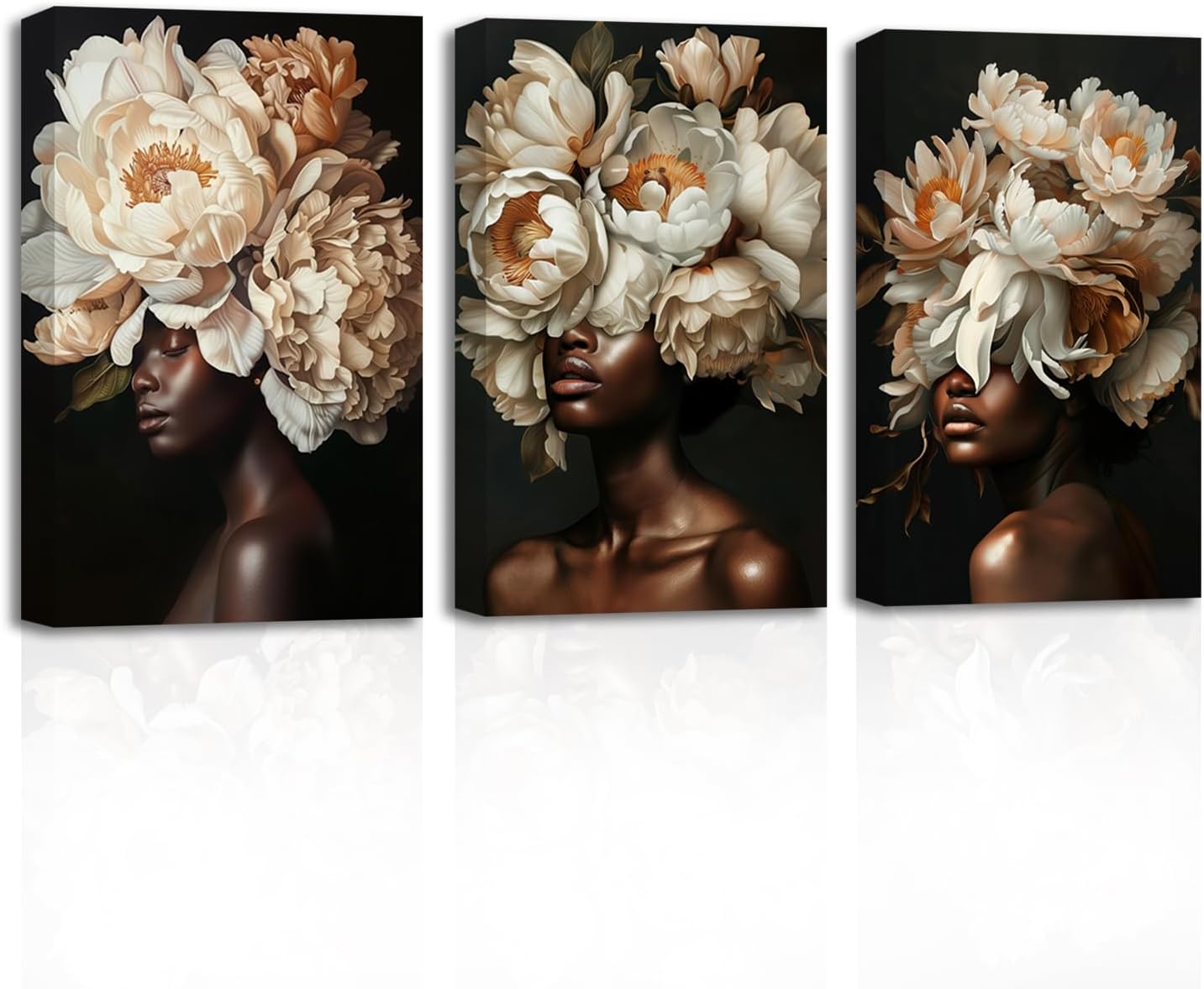 swqylb african american canvas wall art 3 pieces whiter flowers on black women head picture abstract black girl art prints for girl room decor framed (16.00" x 24.00" x 3pcs)