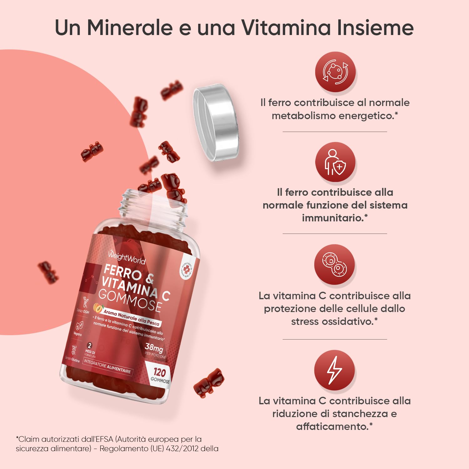 Integratore Ferro e Vitamina C in 120 Caramelle Gommose Vegane (Scorta 2 Mesi), 38mg di Ferro Integratore (Fumarato Ferroso) con Vitamina C (Acido L-Ascorbico), Gusto Naturale di Pesca, Senza Glutine