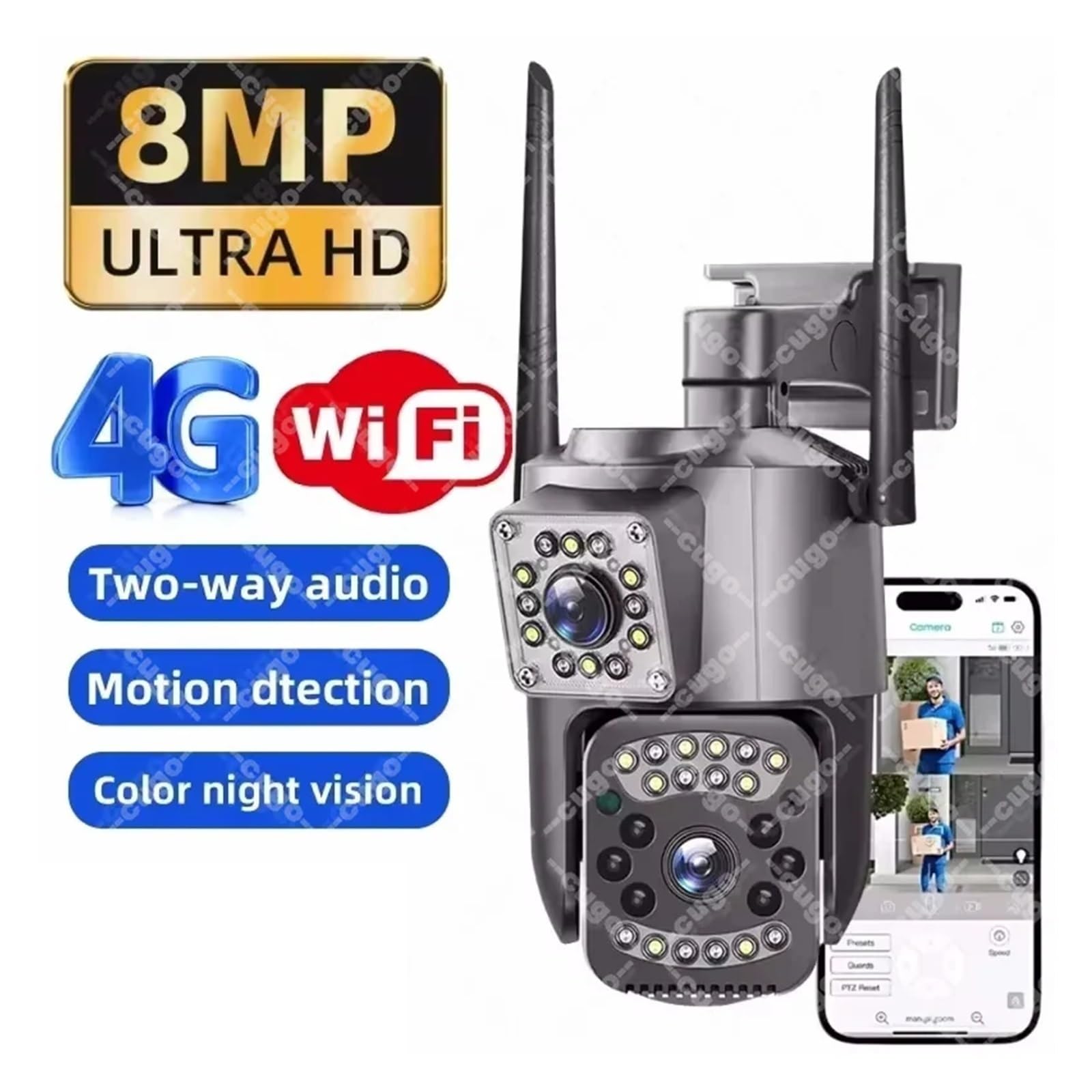 Kamery bezpieczeństwa, Kamera 4G Panorama Wi-Fi 8MP Kamery IP Do Monitoringu Kolor HD Noc PTZ Niania Elektroniczna 8-krotny Zoom Podwójny Obiektyw Zewnętrzna Bezprzewodowa(4G Camera ADD 128G)