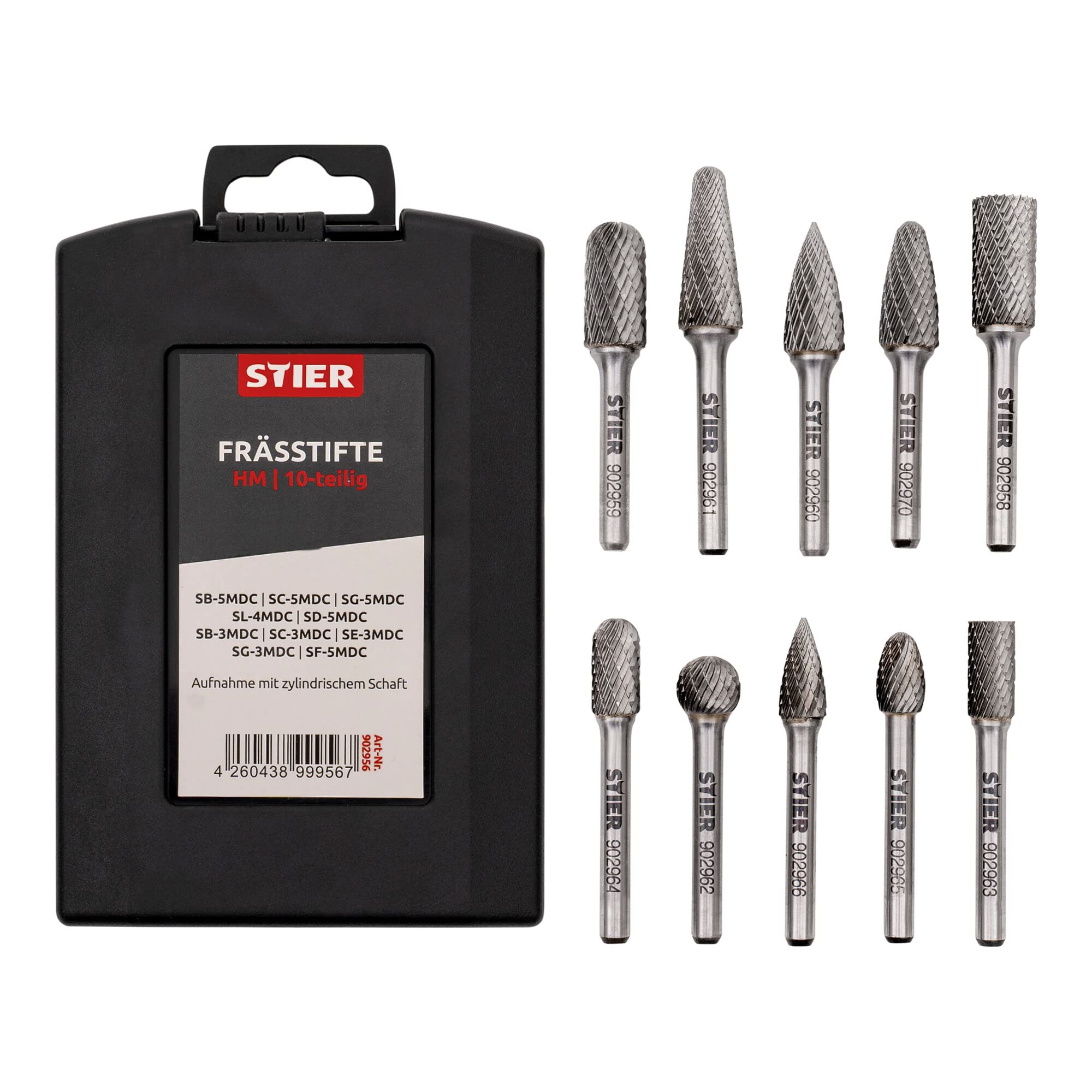 STIER Frässtifte-Set 10-teilig, 6 mm Schaftdurchmesser, Fräsformen: Zylinder Stirnverzahnung Walzenrundform Oval Tropfen Spitzbogen, hohe Schnittgeschwindigkeit 840 m/min
