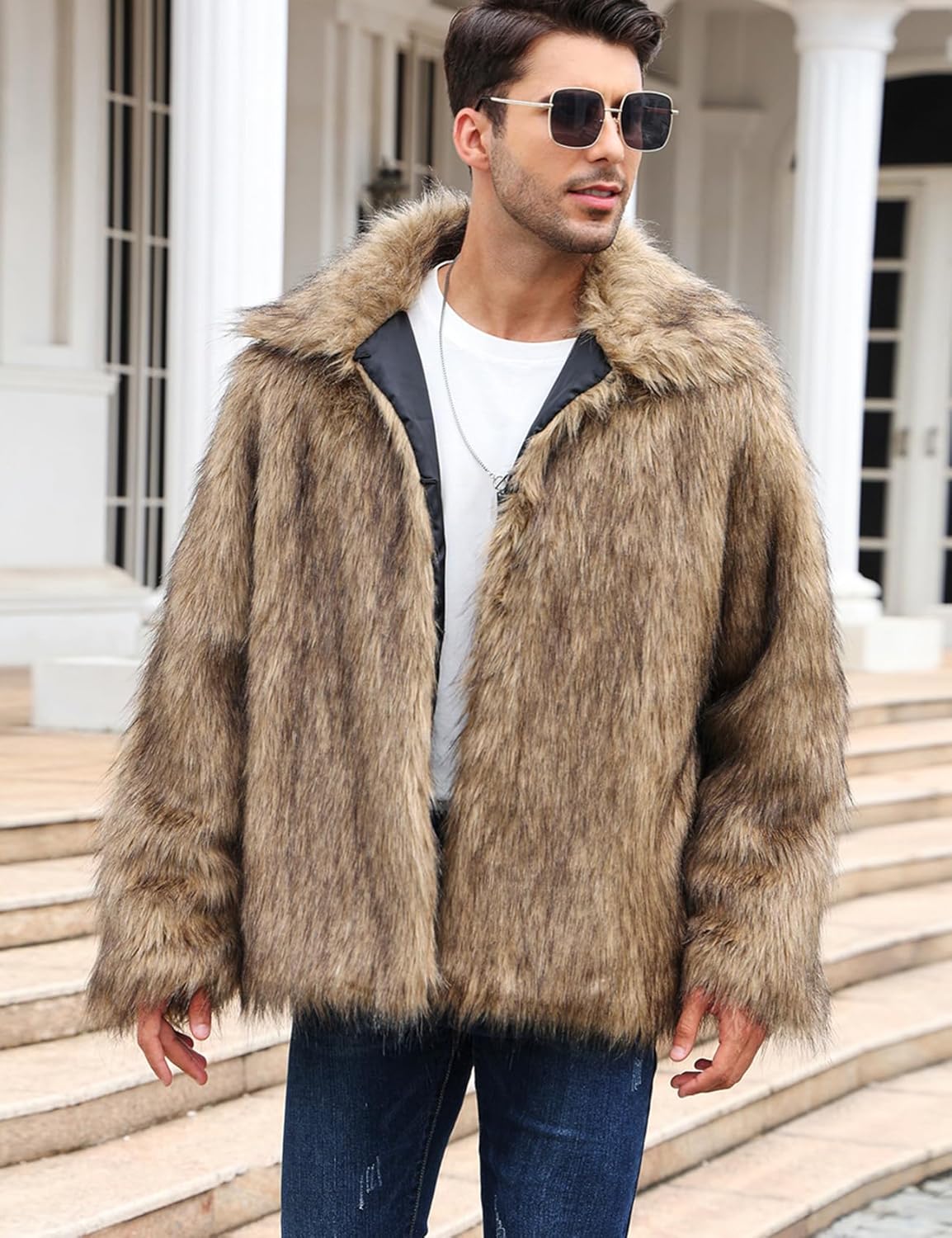 Gihuo Faux Fur Coat Winter Jackets for Men Mens Winter Coats Faux Fur Jacket Warm Fluffy Furry Trench Fake Fur Jacket - Image 4