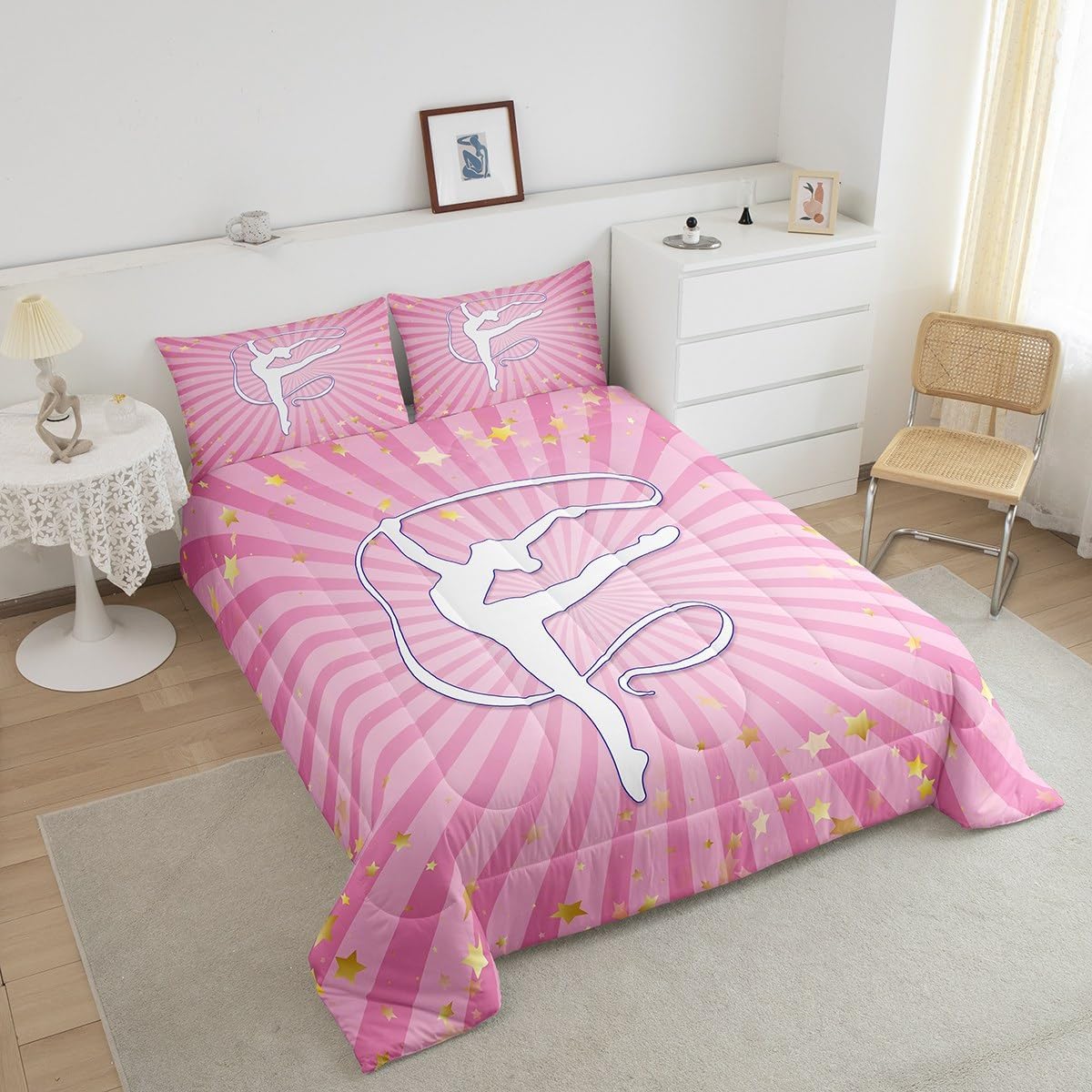 Gymnastics Comforter Set Gymnastics Lovers Bedding Set for Gymnast Girls Teens Room Decor，Sports Silhouettes Quilt Set Toddler,Pink Geometric Room Decor