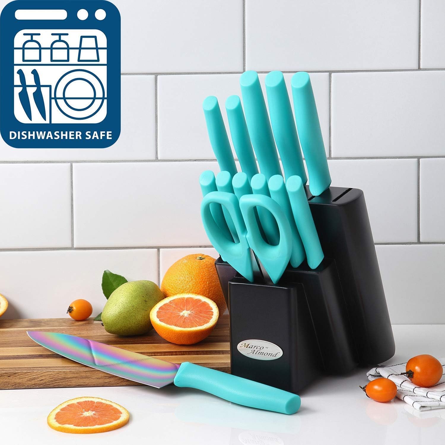 KYA27 Rainbow Color Cutlery Knife Set with Wooden Block + KYA59 Titanium Coated Stainless Steel Long Handle Spoons