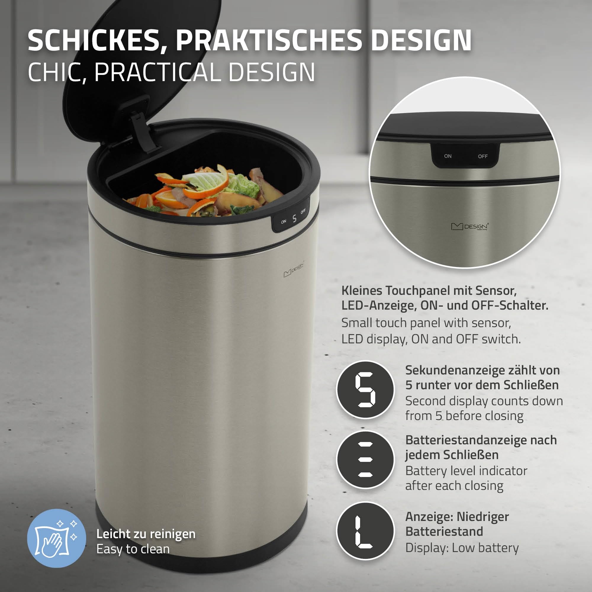 ML-Design Mülleimer mit Sensor 30L rund aus Edelstahl, Silber, Automatisches Öffnen & Schließen, Abfalleimer berührungslos, Klemmring für Müllbeutel, Müllbehälter mit Bewegungssensor für Küche & Büro