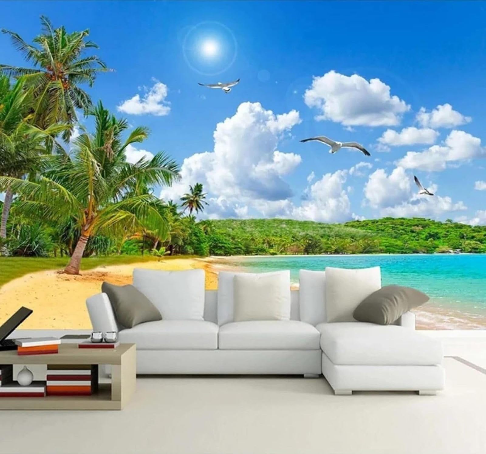 Tzxztt Beautiful Beach Sky Coconut Trees Seascape Modern 3D Wallpaper Premium Textured Silk Neutral Tones Material Ideal for Living Room Bedroom-250cm×170cm