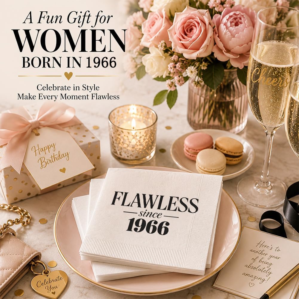 60th Birthday Cocktail Napkins for Women, Black 100 Pack 2 Ply Disposable Beverage Napkins, Flawless Since 1966 for Her 60th Birthday Party, Embossed Edge, 4.5 x 4.5 Inch Folded