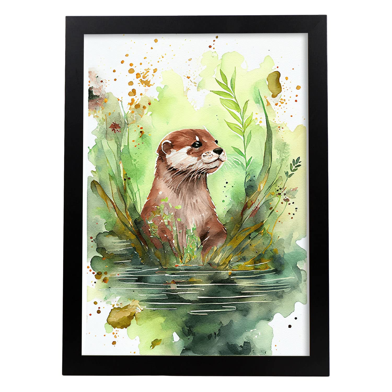 Nacnic Otter in the forest Poster in Watercolor Style Print. Illustration of Animals in Natural Landscape Wall Art for Interior Design Decoration, Size A4 Black Frames