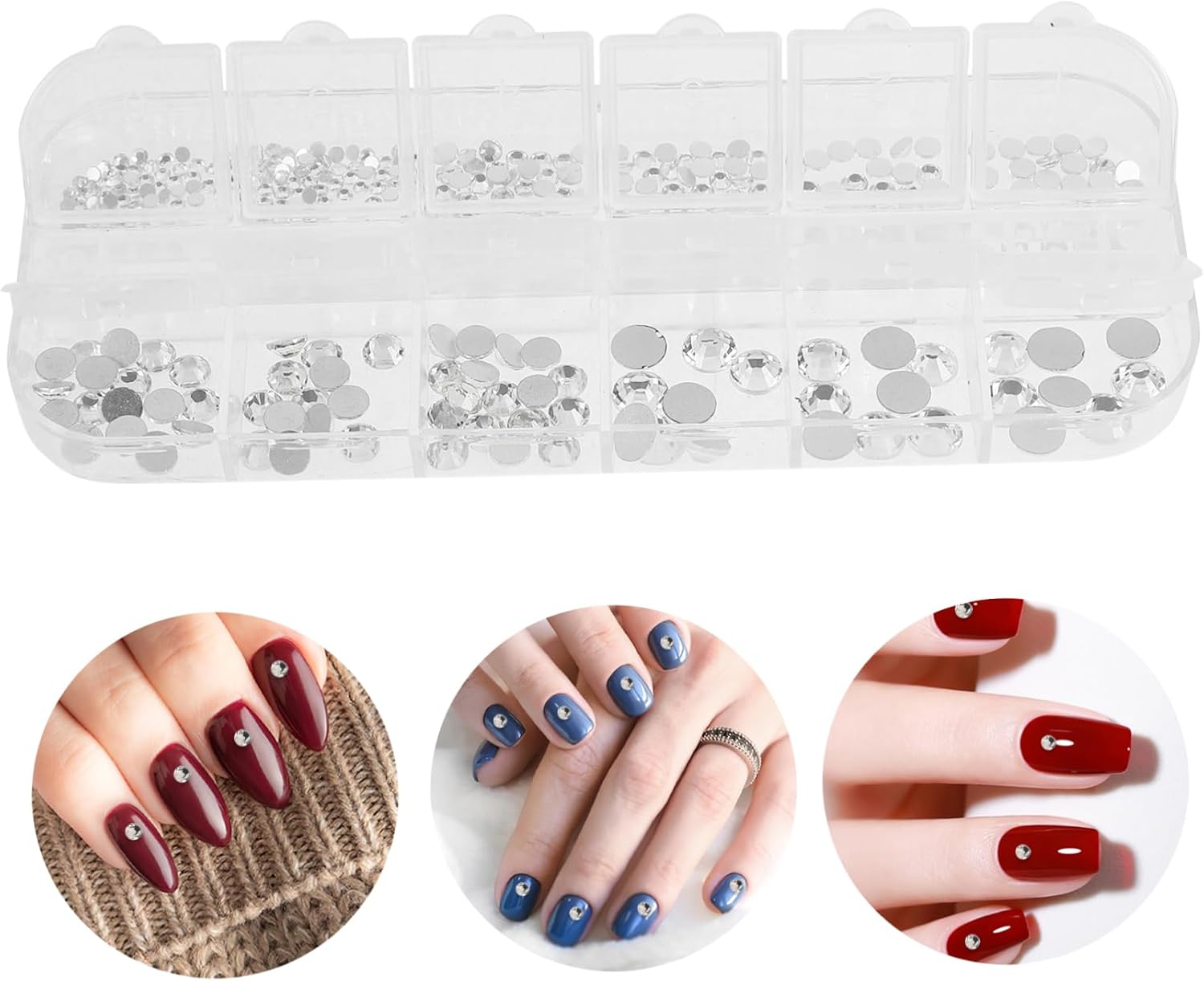 3sets Nail Art Rhinestones Compartment Plastic Box Flat Back Gems for Manicure Easy to Use Nail Jewelry Decor for Home and Salon Includes Tweezer for Precision Application