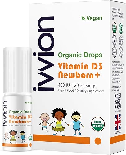 Vegano orgánico 400IU, vitamina D3, 120 gotas - Gota para bebés y niños pequeños  USDA orgánico, sin OMG, a base de plantas, sin aditivos ni