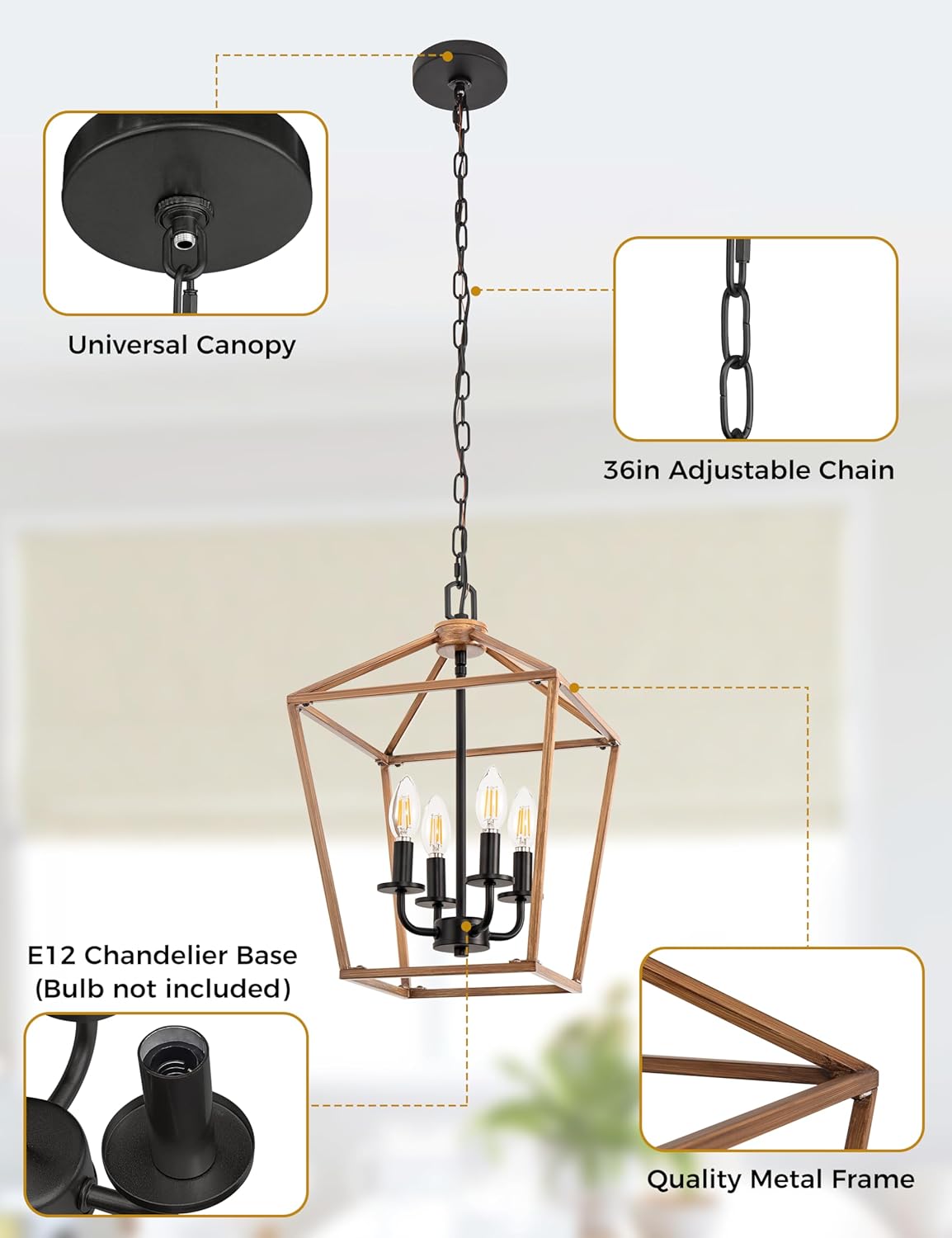 L LOHAS LED Oak Brown Farmhouse Chandelier, Industrial 4-Light Lantern Light, Dining Room Lighting Fixtures, Adjustable Height Metal Cage, Kitchen Island, Entryway, E12