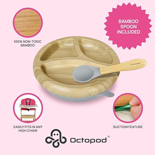 Miniatura 8 de Abiie Octopod - Plato de bambú para niños de 4 meses en adelante, platos para bebés de 3 compartimentos con succión, plato redondo de bambú para