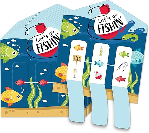 Big Dot of Happiness Let's Go Fishing - Juego de 12 tarjetas con temática de peces para fiesta de cumpleaños o baby shower, pestañas para tirar 3 en
