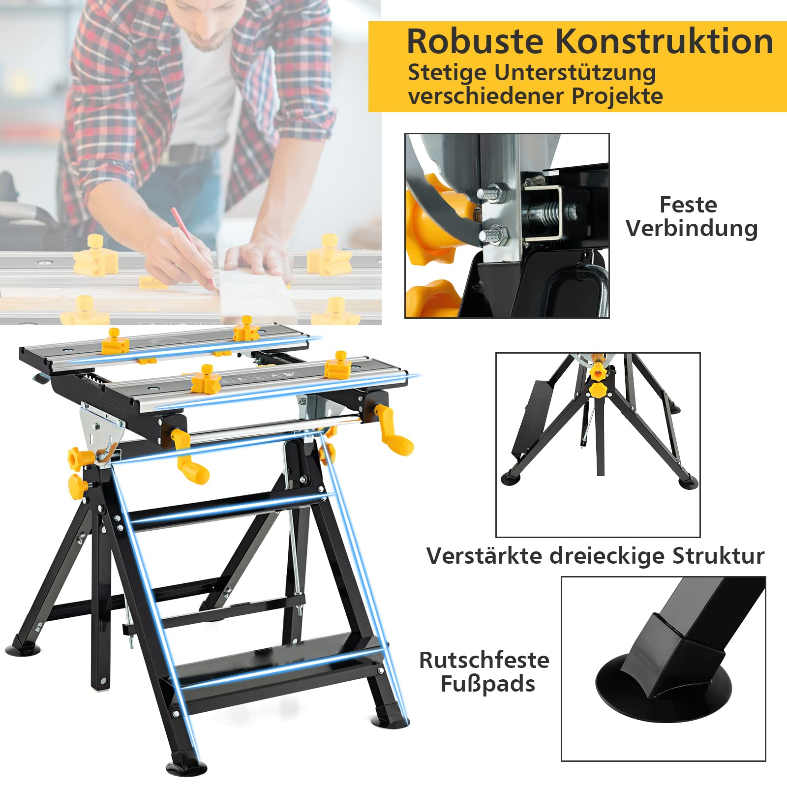COSTWAY Arbeitstisch klappbar, höhenverstellbar & neigbar, Werktisch mit großer & ausziehbarer Arbeitsfläche, Werkbank Spanntisch für Werkstatt, Garage, Heim- und Handwerker, Tragkraft 100 kg