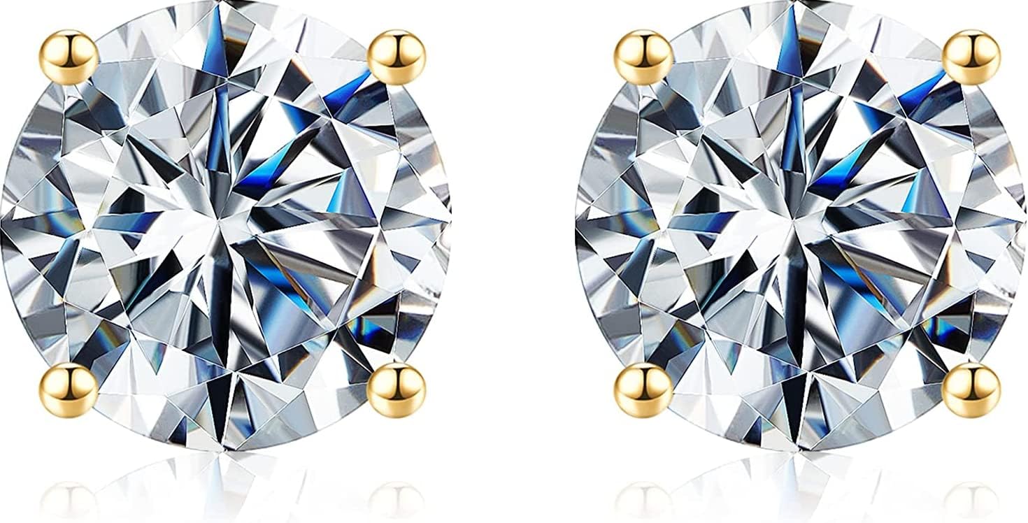 18K Gold Plated 925 Sterling Silver Moissanite Brilliant Round Cut Lab Created Diamond Stud Earrings, 0.2ct-8ct D Color VVS1 Clarity, Nickel Free Hypoallergenic for Sensitive Skin, Gift Box Inlcuded, for Women and Men