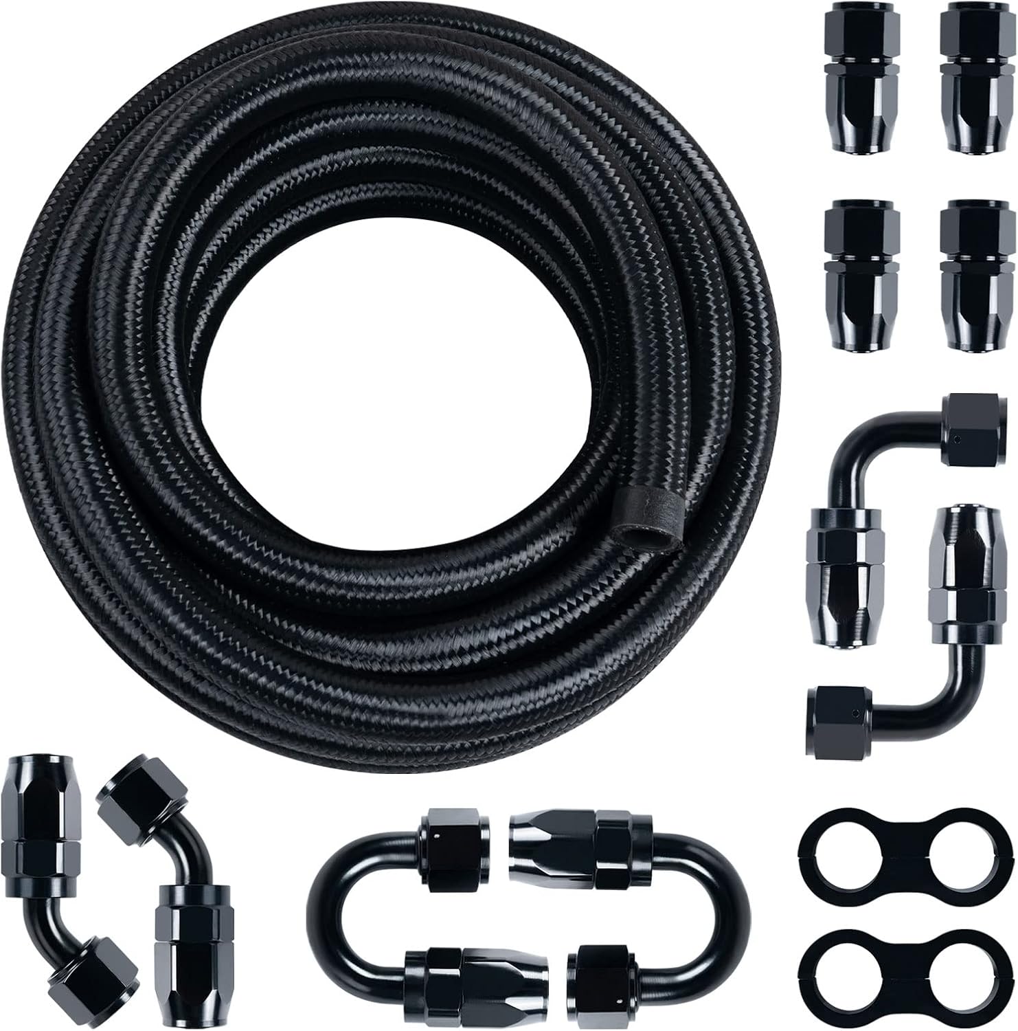 8AN Fuel Line Kit, 20FT Nylon Braided Fuel Line Hose CPE with 12PCS Swivel Fuel Hose Fitting Adapter Kit, Black (AN8 Fitting + 20ft Hose)