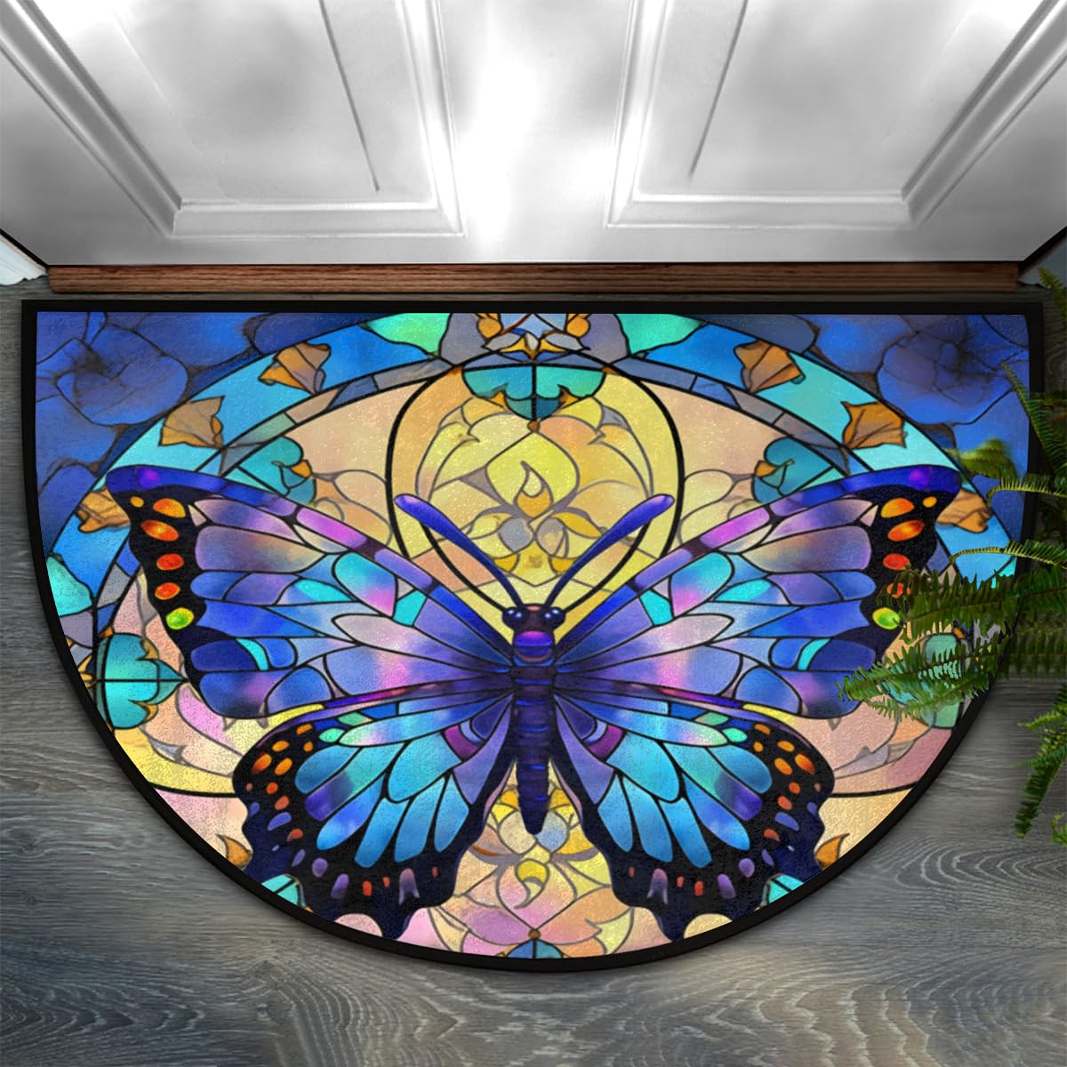 Half Round Door Mat Blue butterfly Glass Window Intdoor Entrance 36x24 Inch, Non-Slip Welcome Mat for Outdoor Semi Circle Bathroom Floor Rugs,House