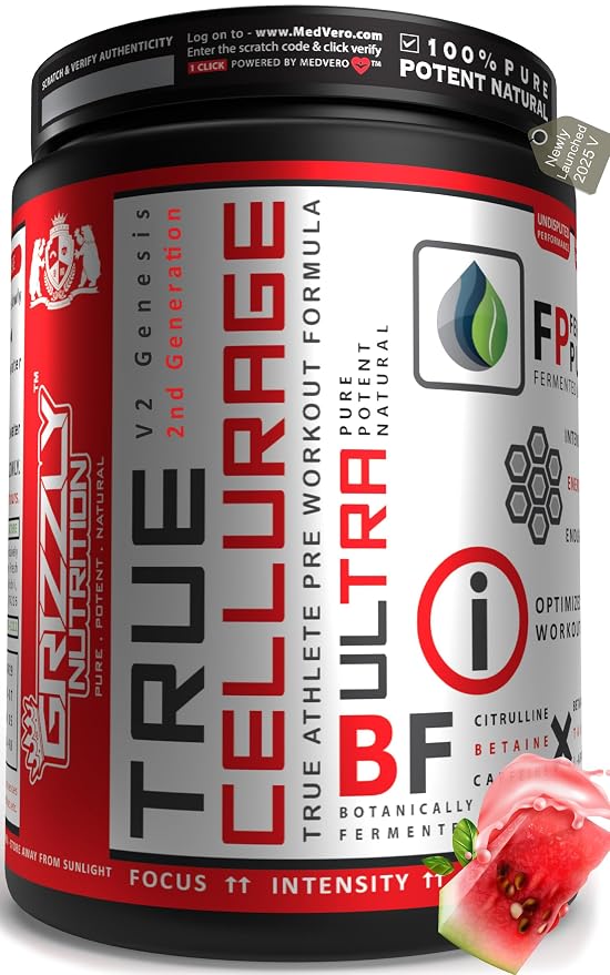 Grizzly Nutrition, True Cellurage, Pre Workout Powder, upto 65 Servings, citrulline, beta alanine, caffeine +13 performance boosters,160 grams (Watermelon Brasilia)