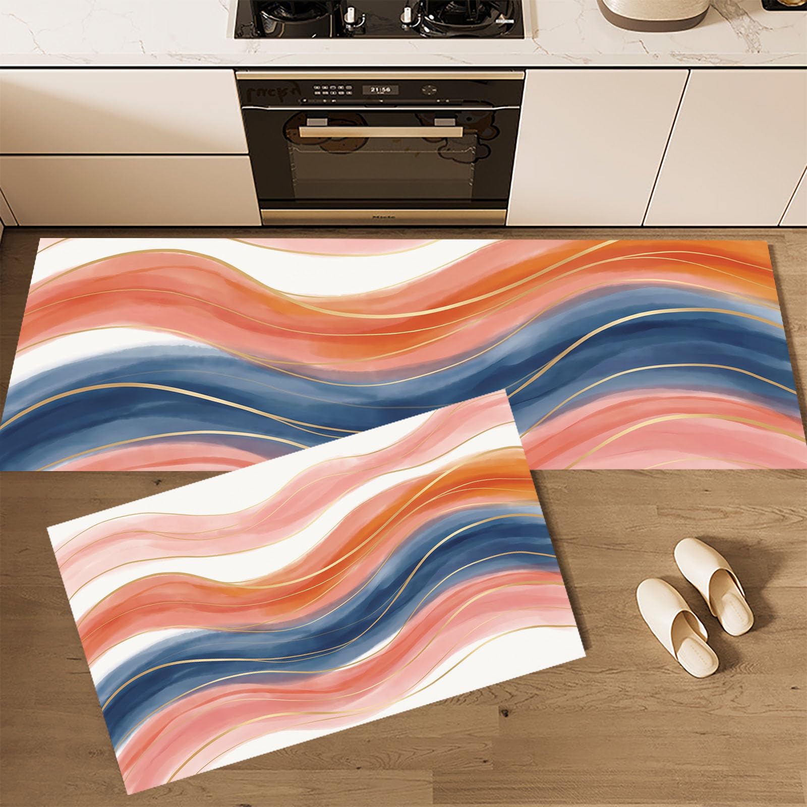 Juego De 2 Alfombra Cocina Lavable Rayas De Acuarela Bohemias | Antideslizante Alfombras De Cocina Rosa Melocotón Geometría Moderna, Tapete para Entrada Interior Pasillo 50X80+50X180