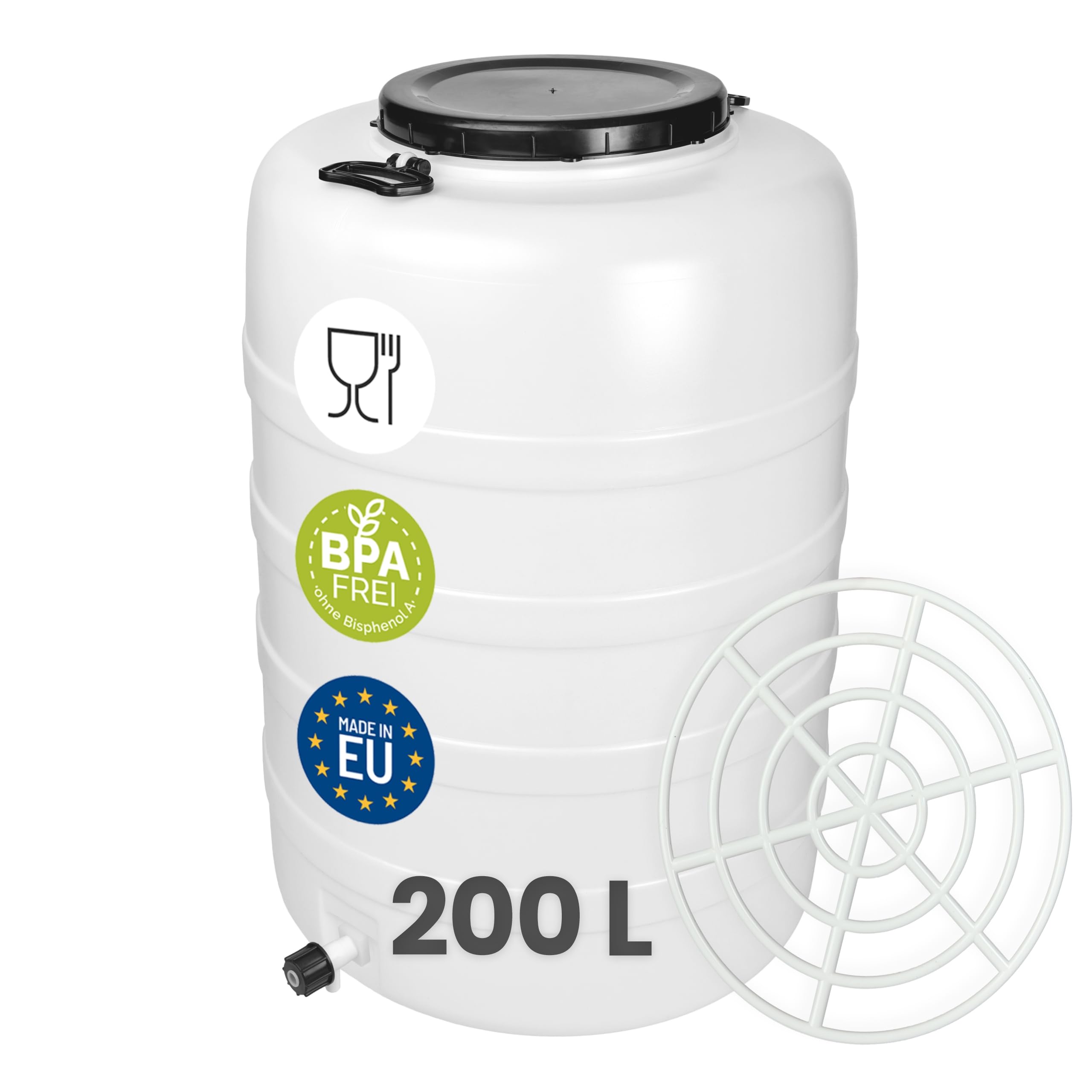 Garronda 200 L mit Hahn und Pressring Regentonne Regenfass Weithalsfass Futtertonne aus HDPE als Kunststofffass und Wasserbehälter für Wasser Lebensmittel zur Lagerung und Fermentierung GD-0187 Weiß