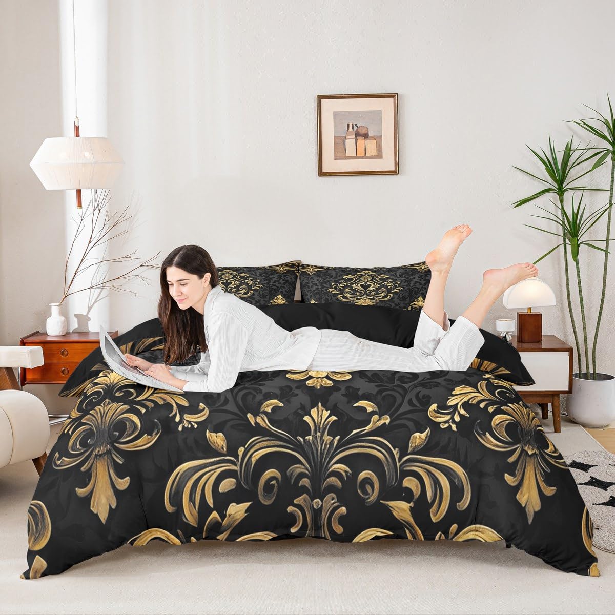 Homewish Damast Bettwäsche Vintage Exotic Gothic Bettwäscheset 200x200 Boho Schwarz Gold Bettbezug für Kinder Männer Frauen Erwachsene,Viktorianische Barock Blumen Schlafzimmer Dekor Mikrofaser