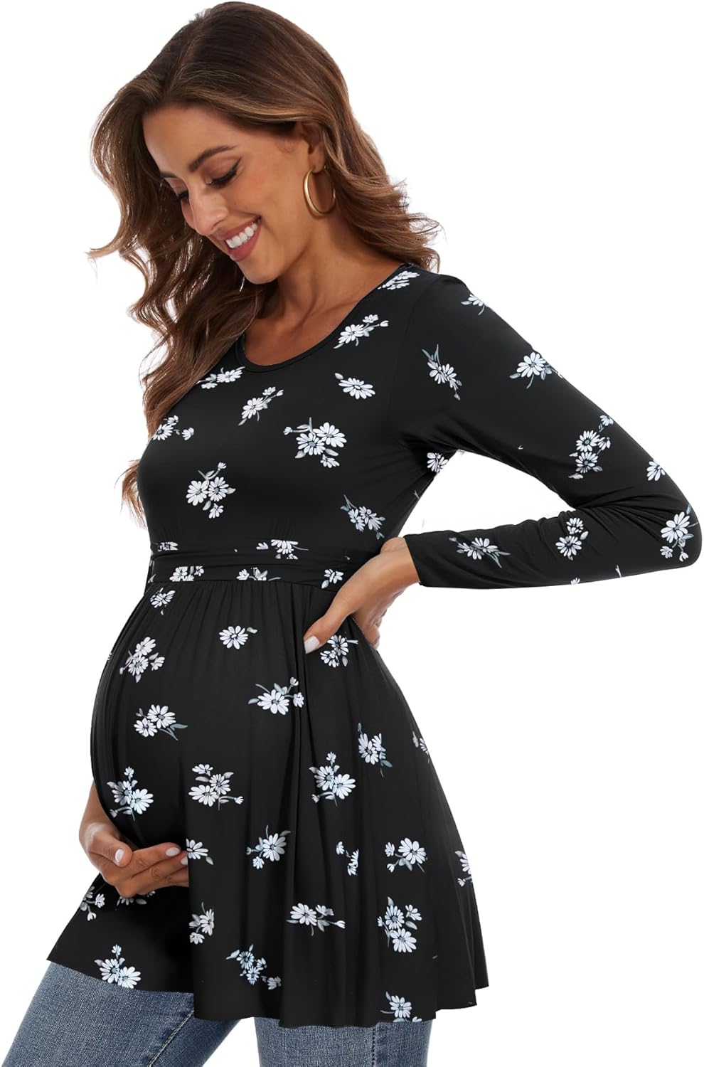 Women's Maternity Tops Short & Long Sleeve Pleated Waist Shirts Pregnancy Clothes