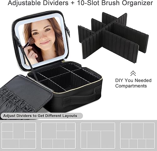 Miniatura 2 de Bolsa de maquillaje con espejo iluminado, caja de cosméticos de viaje, espejo iluminado LED de 3 colores con brillo ajustable, cuero impermeable,